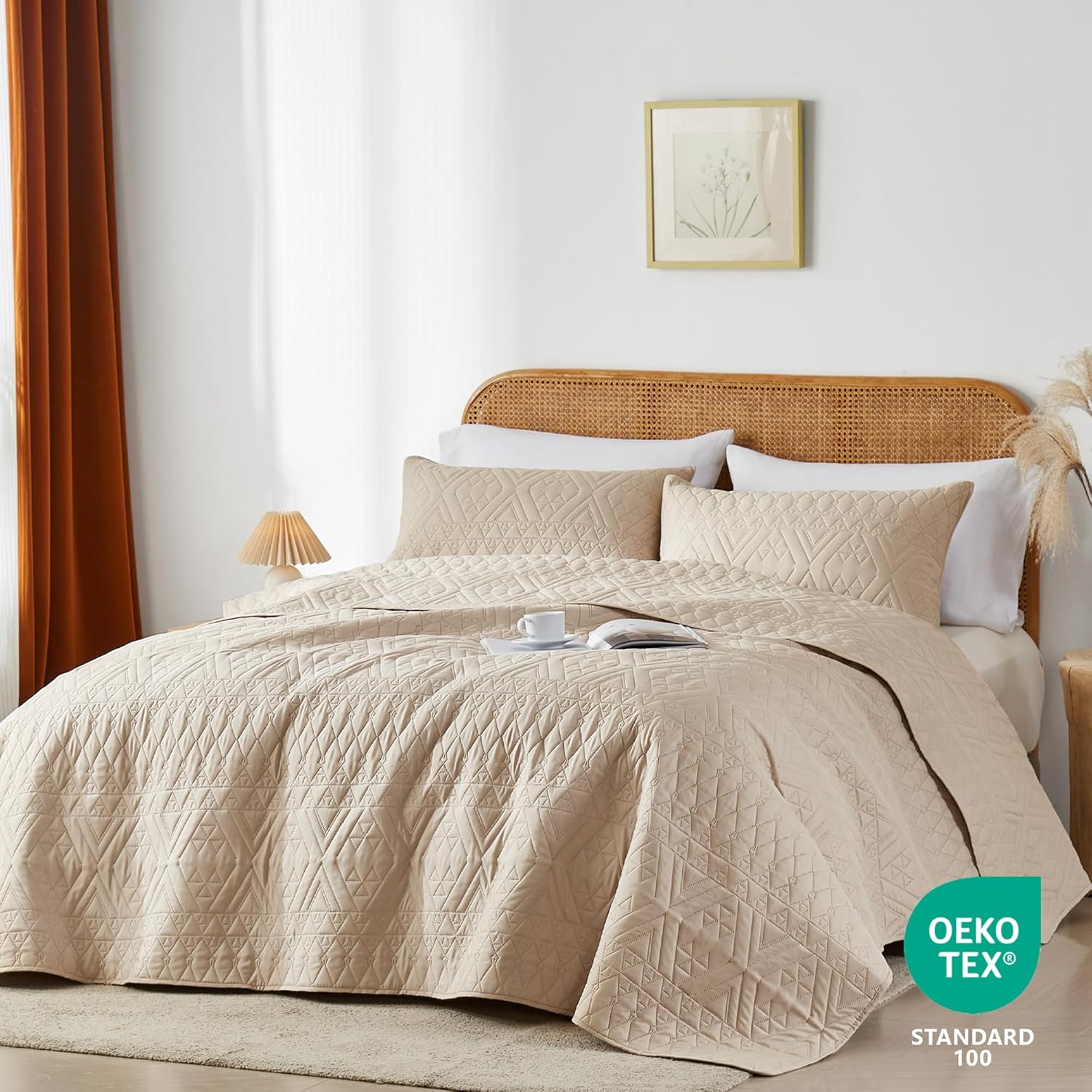 akkialla KingCal King Quilt Bedding Set - Beige Microfiber Geometric Pattern