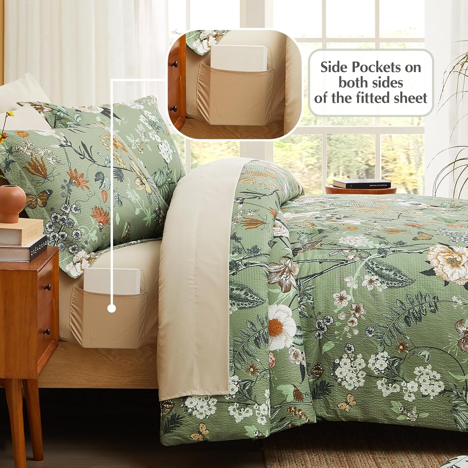 CASAAGUSTO Green Butterfly Queen Comforter Set 7PCS