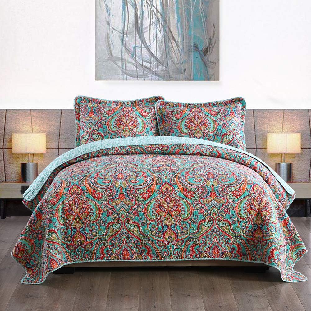 NEWLAKE Reversible Cotton Quilt Set with Floral Design Queen Size