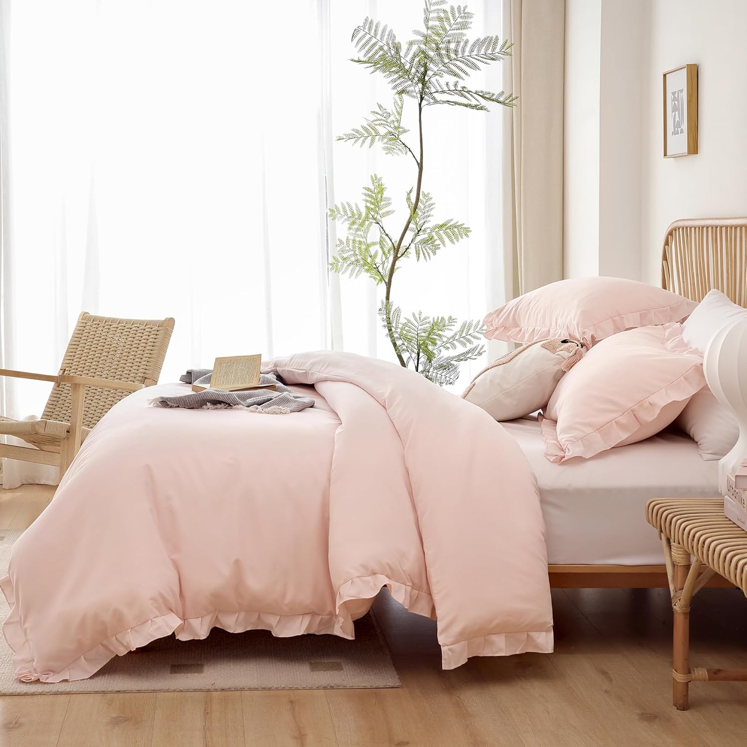 JANZAA Ruffled Comforter Set 3PCS Pink Blush Full Size