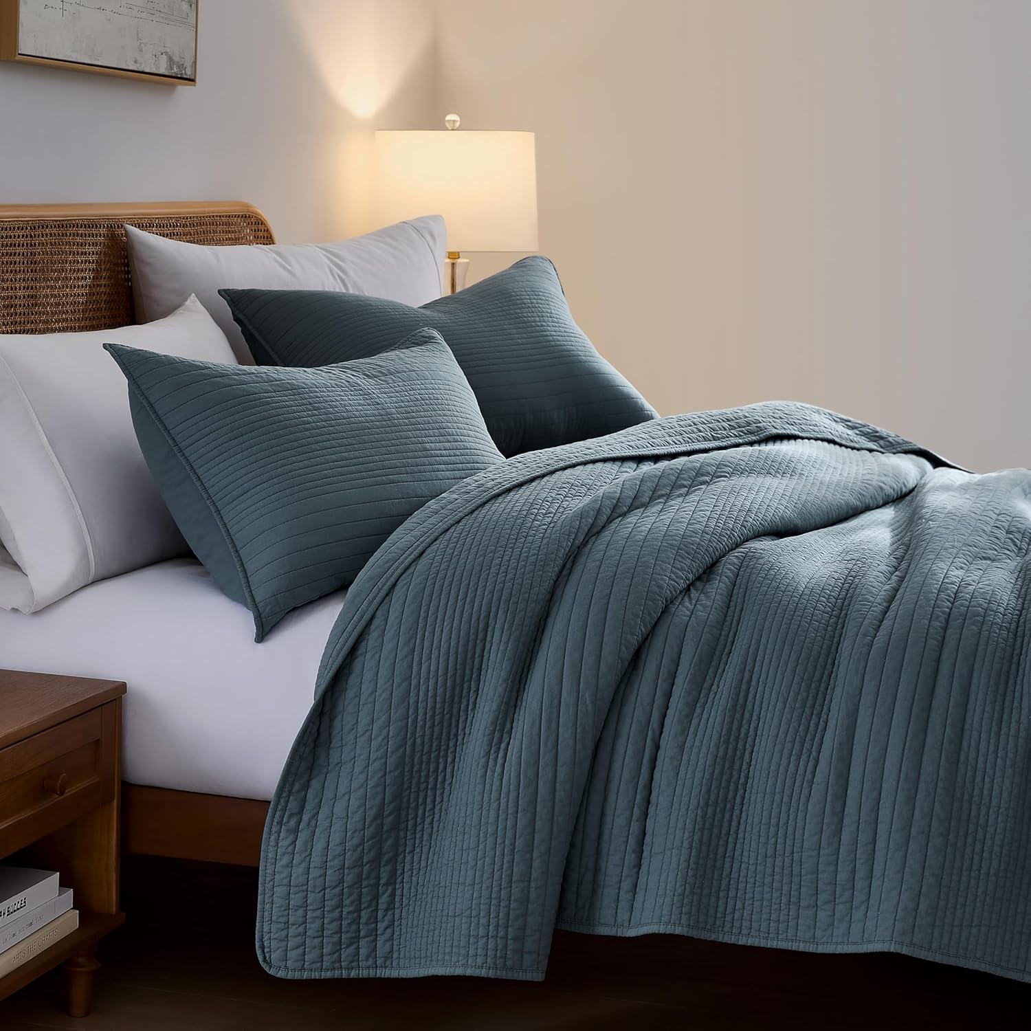 PALASSIO Striped Blue Grey Cotton Quilt Cal King Set