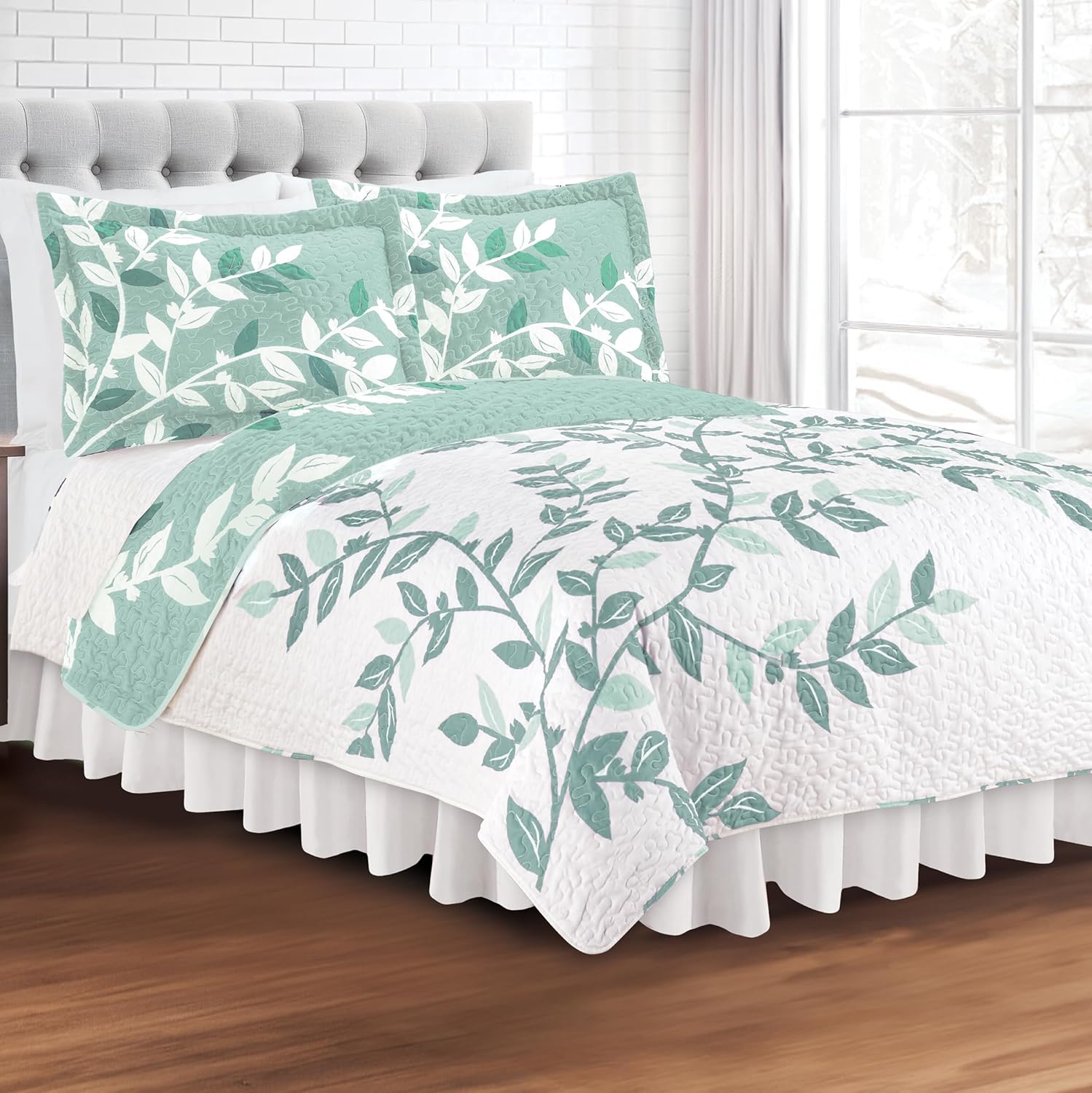 Collections Etc Unique Reversible Tonal Leaves Quilt Sage King