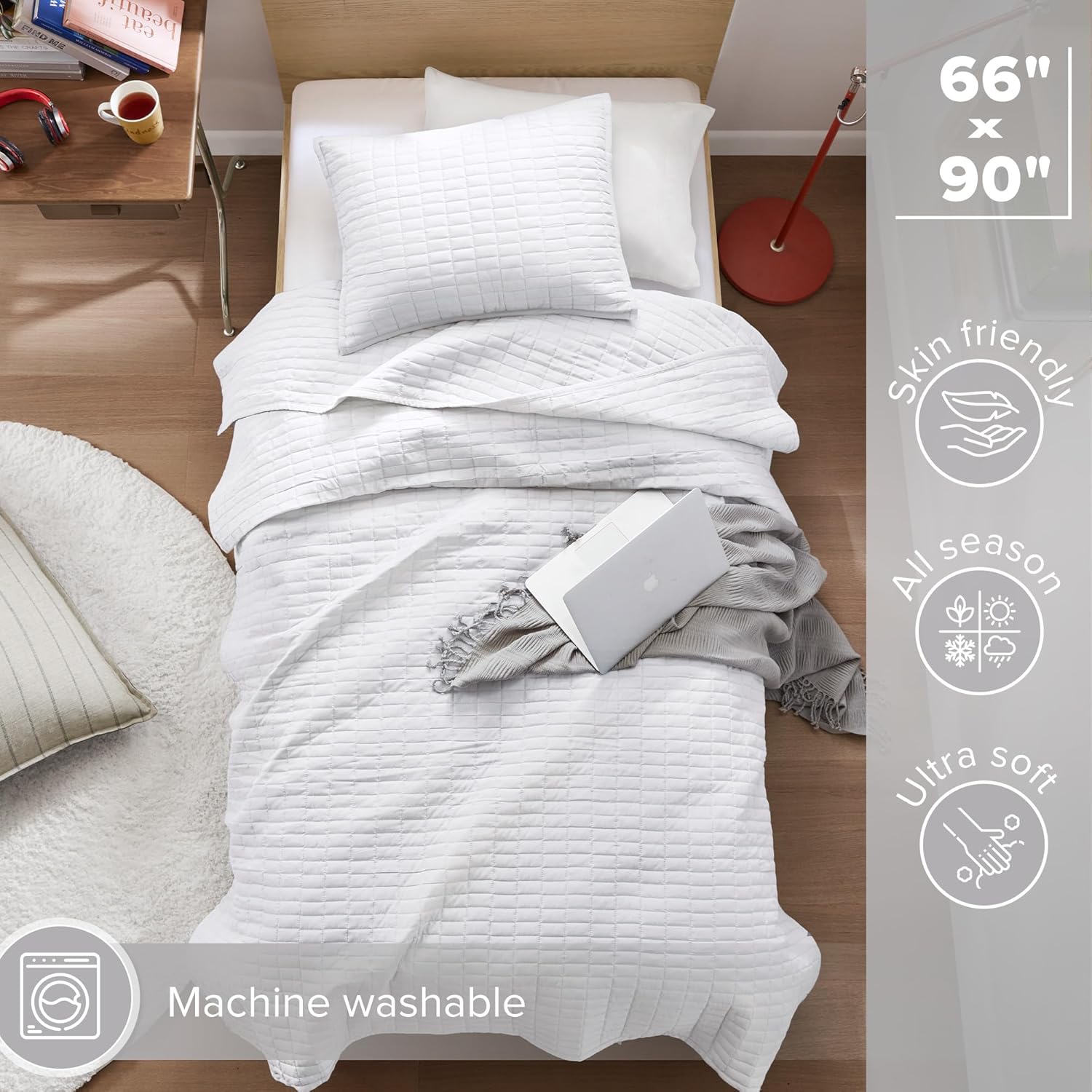 Comfort Spaces Kienna Quilt Set - White Double Sided Lightweight Soft All Season