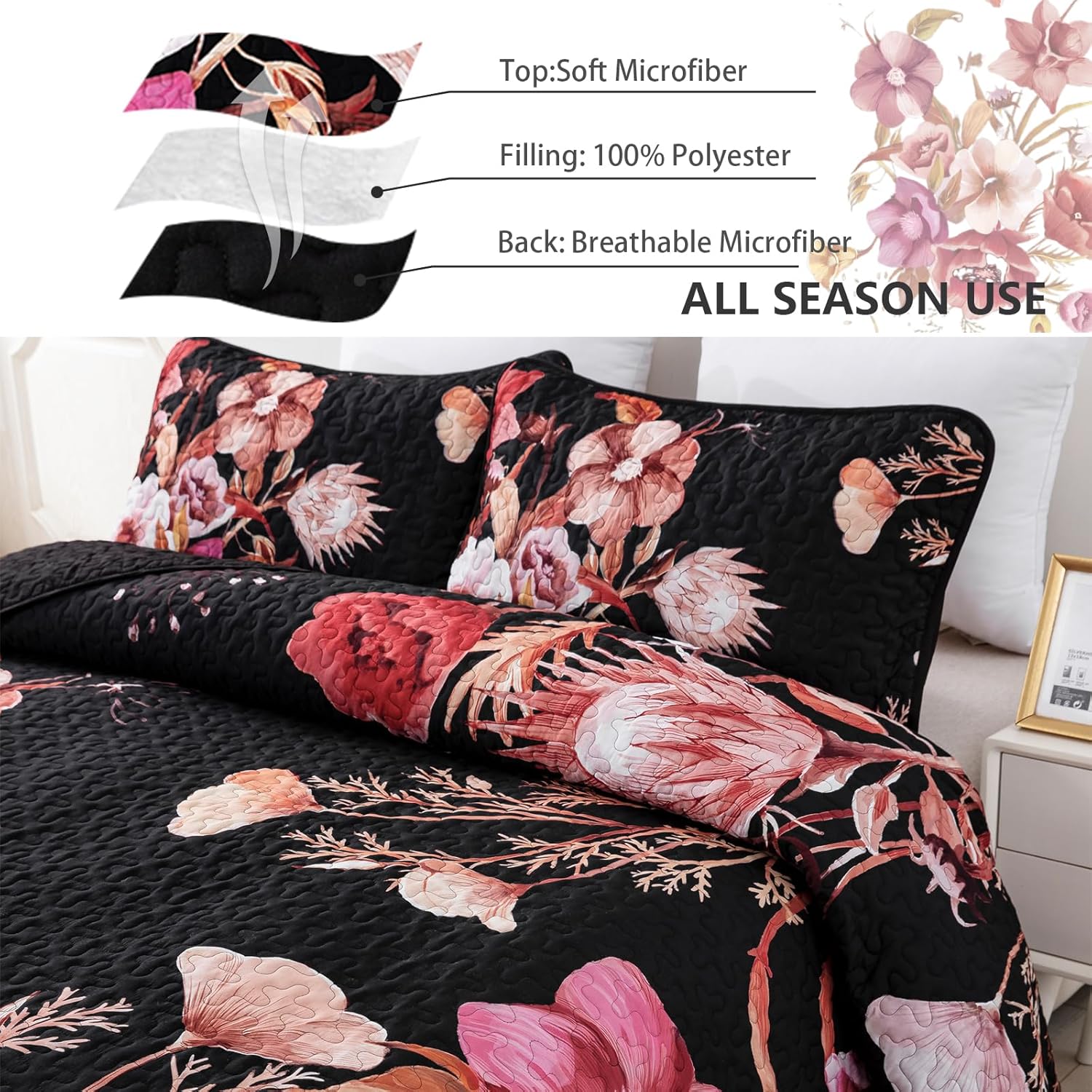 Drucon Red Floral Queen Quilt Set 3 Piece