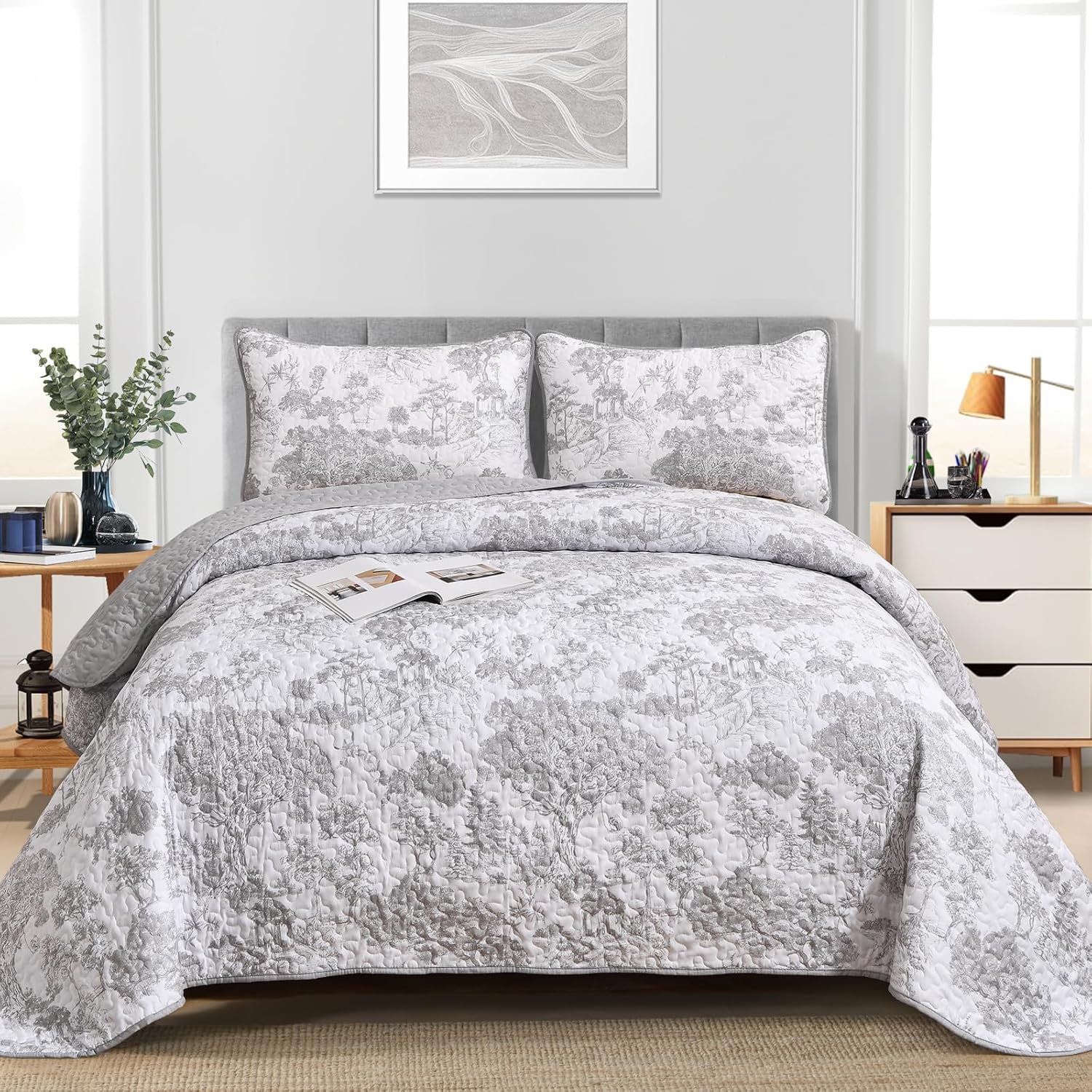 WONGS BEDDING Grey Quilt Set King Size 3-Piece