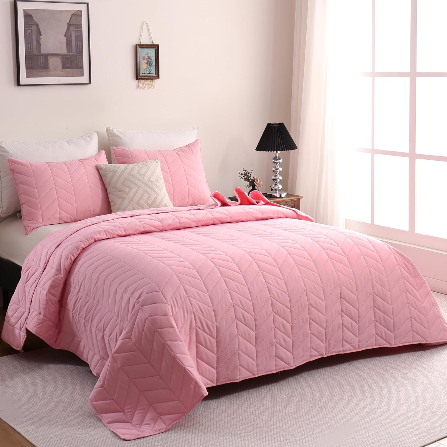 DOWNCOOL Pink Leaf Texture King Quilt Set 3PC