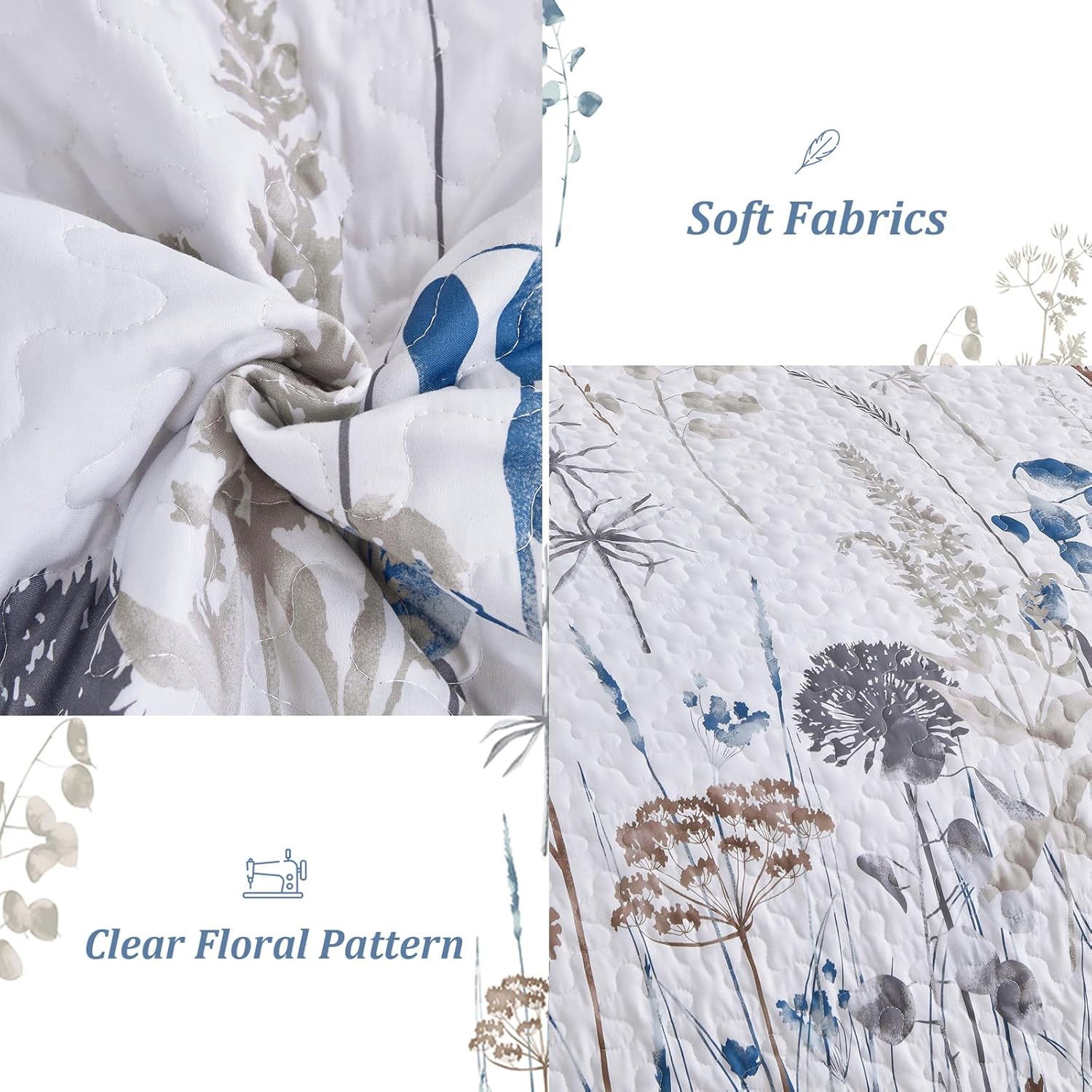 Dobuyly Floral Botanical Quilt Bedding Set 3 Pieces