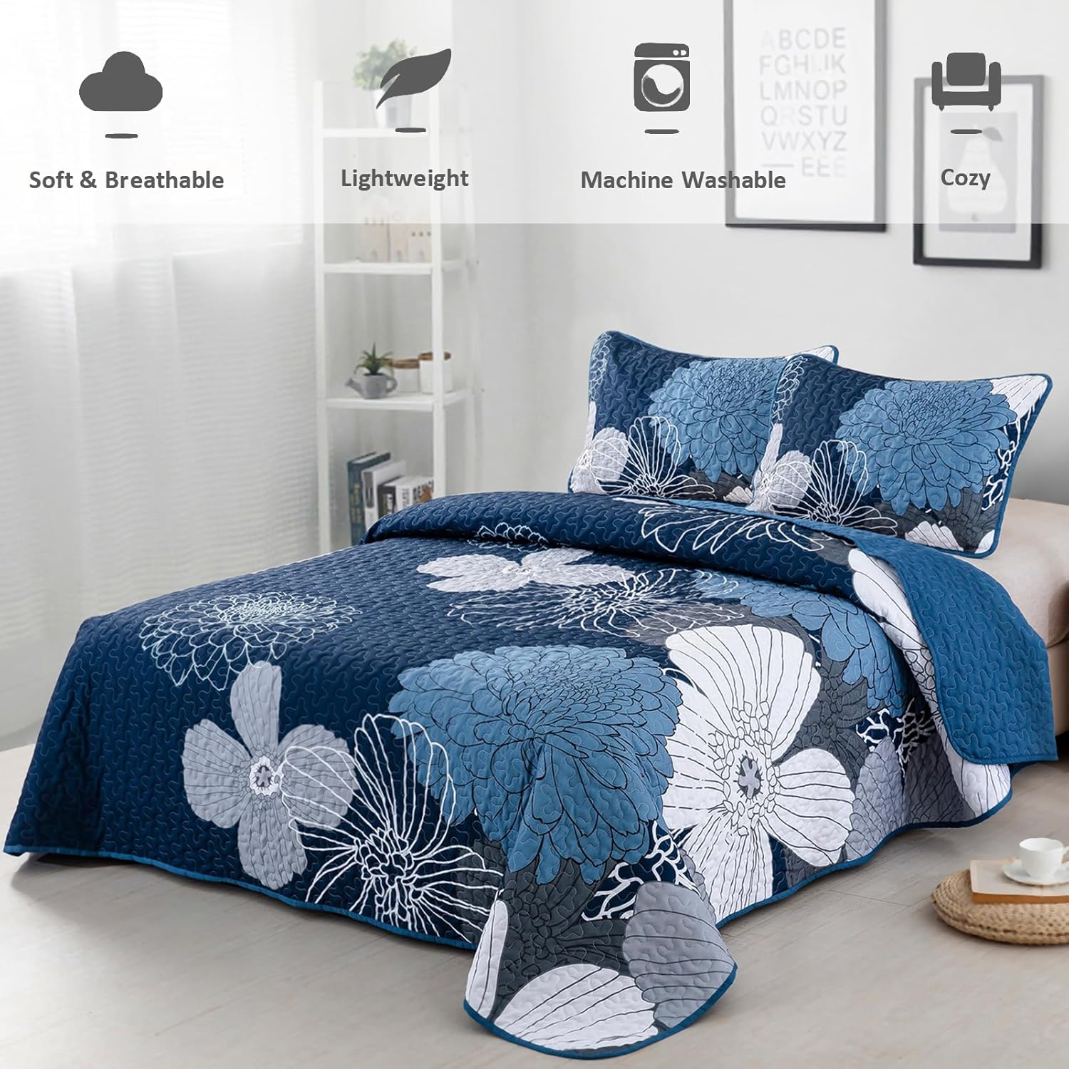 Anibedding 3 Piece Navy Blue Floral Quilt Set Queen Size