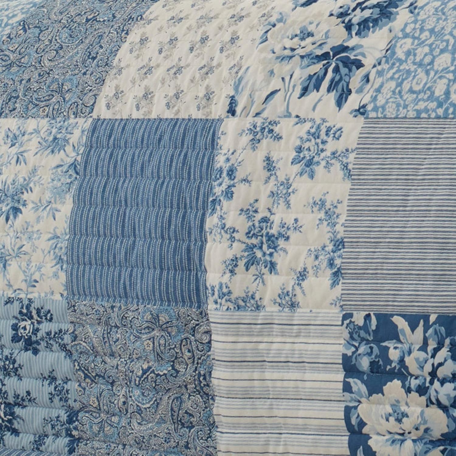 Laura Ashley Twin Quilt Set - Paisley Printed Patchwork Blue
