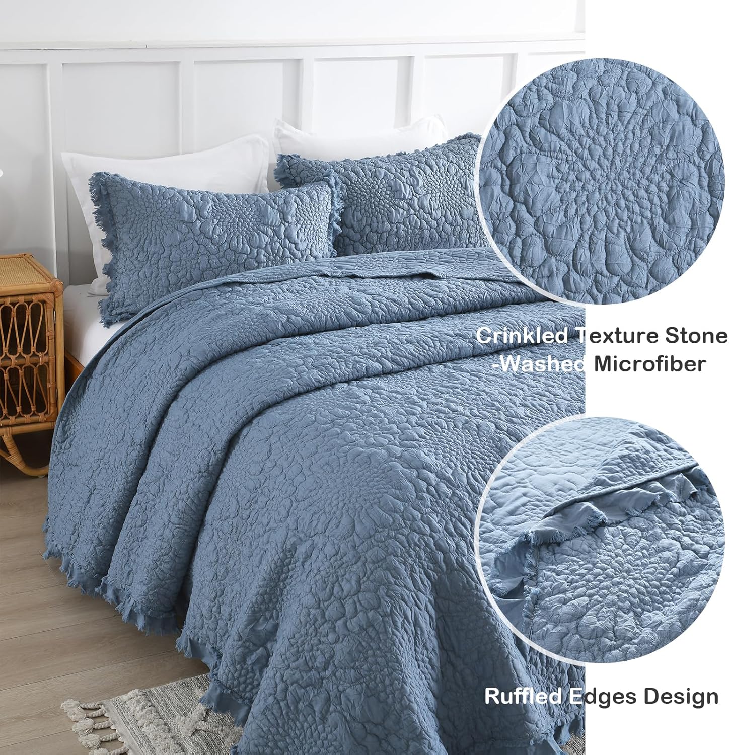 HORIMOTE HOME Blue Ruffled Quilt Set Queen Size 3 Piece
