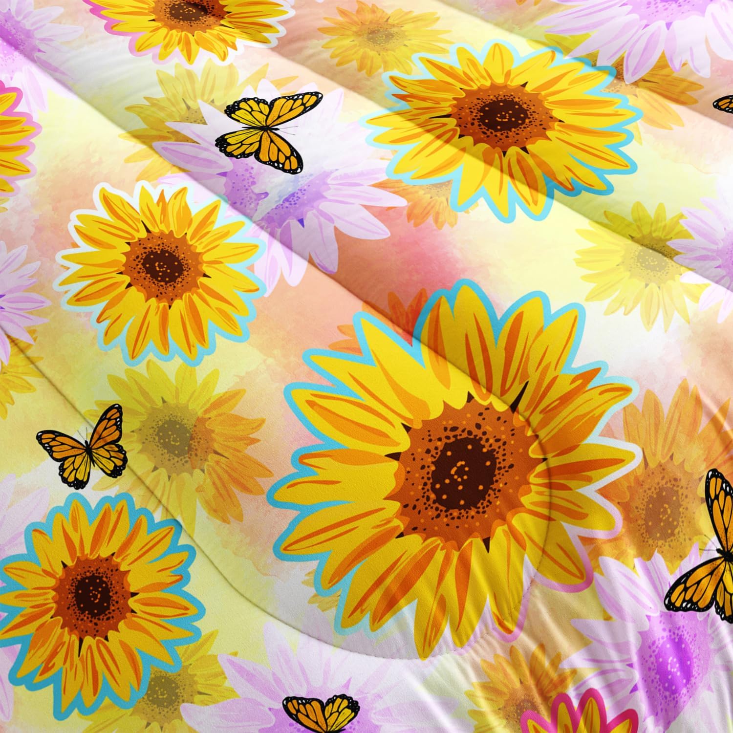 XYNHML Sunflower Butterfly Comforter Set Full Size Yellow Tie Dye