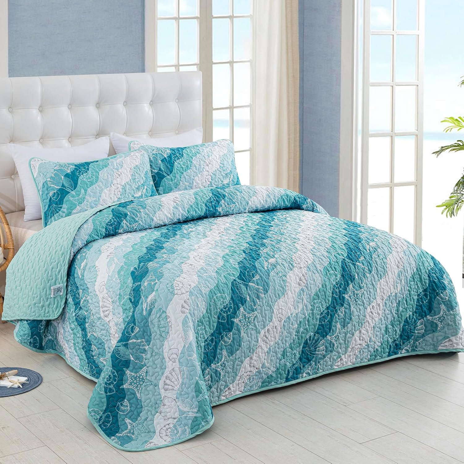 Dinjoy Coastal Blue Green Queen Quilt Set