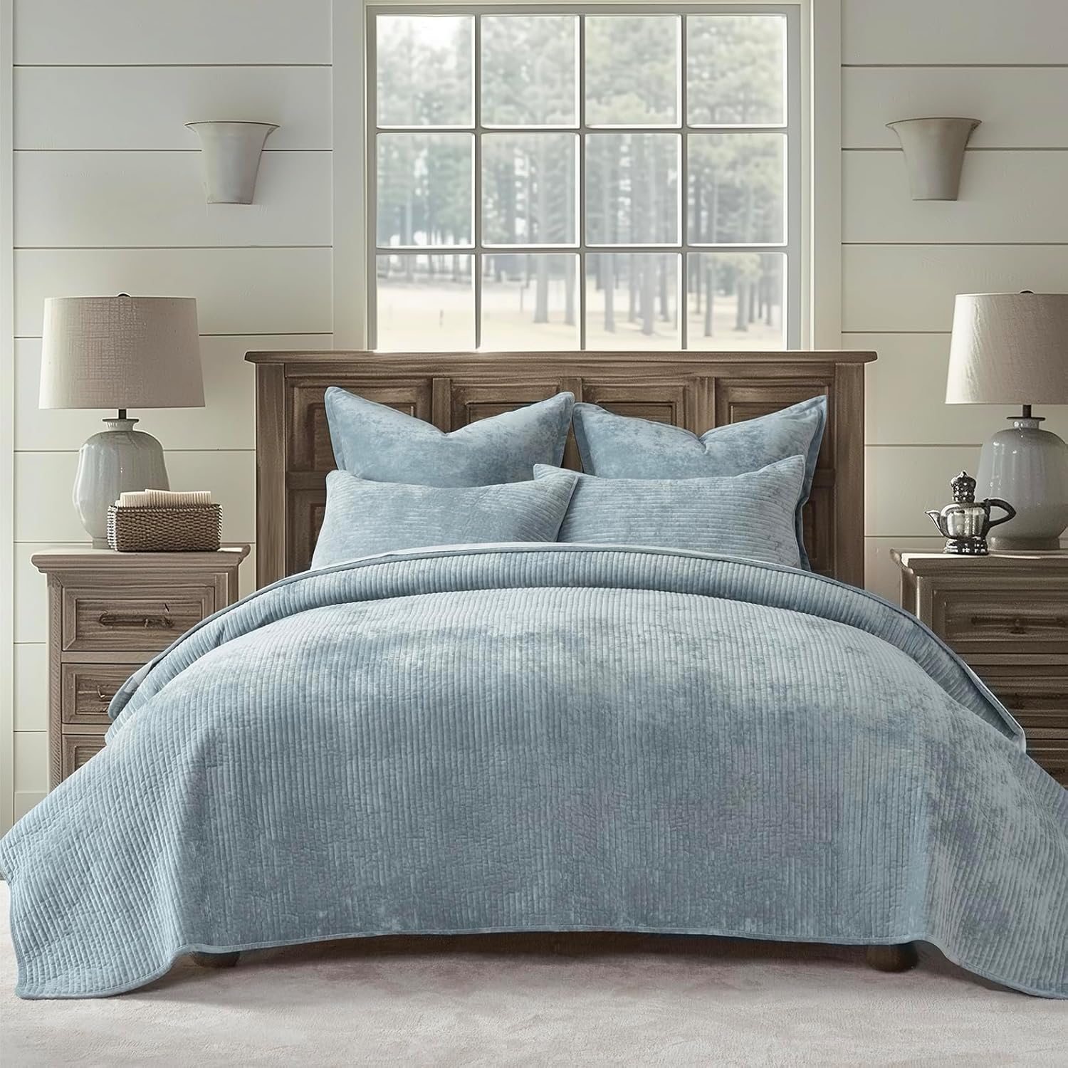 EVERGRACE Velvet Quilt Set King Size - Blue Linen