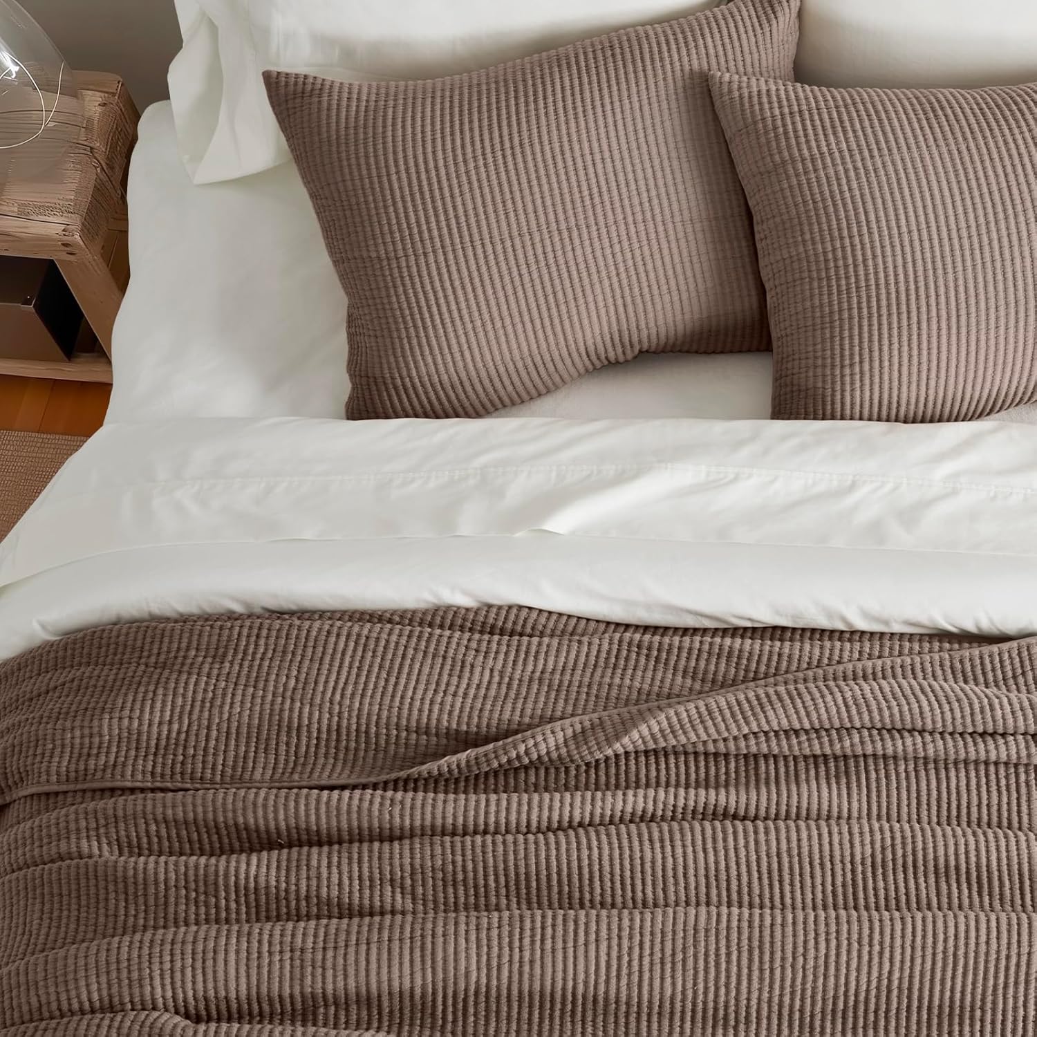 EVERGRACEHOME Cotton Coverlet Set Full Queen 3 Piece Mocha Brown