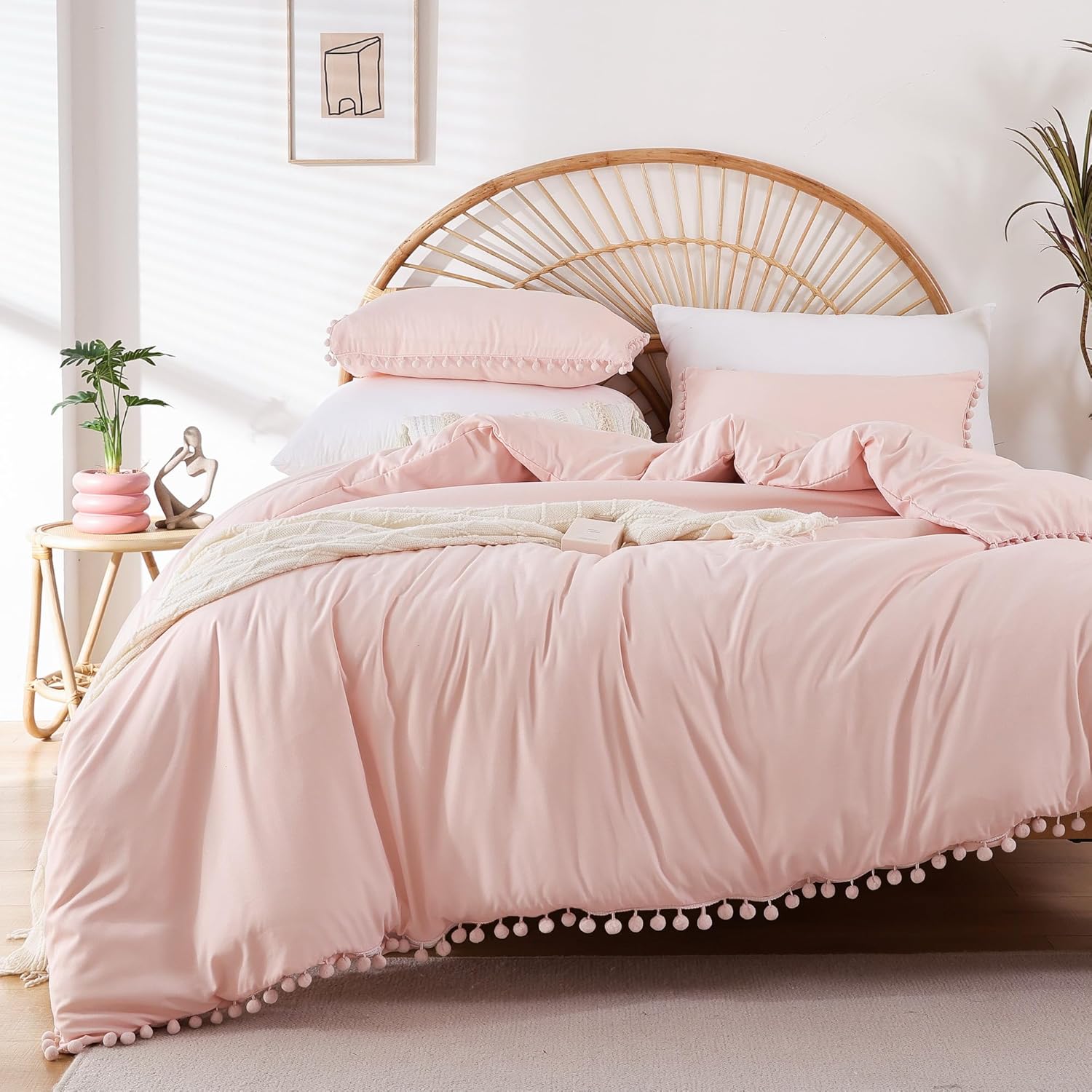 YIRDDEO Queen Comforter Set - 3 Piece with Pom Fringe Blush