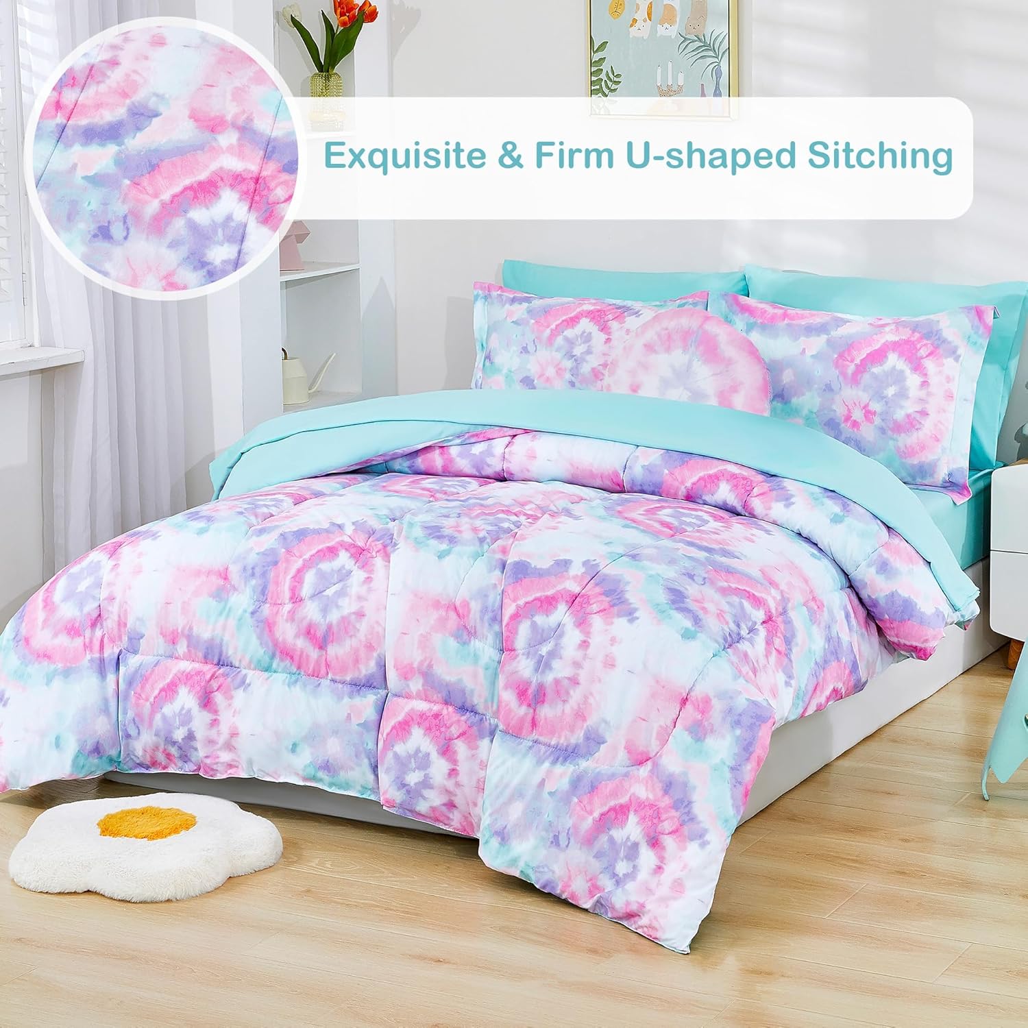 Mooreeke Dark Pink Flower Twin Comforter Set 6 Pieces