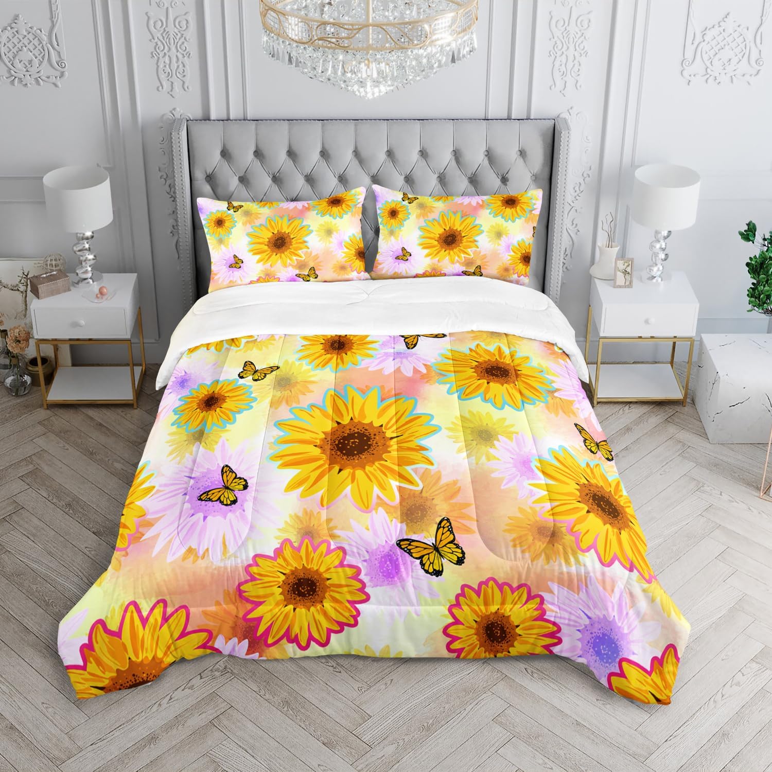 XYNHML Sunflower Butterfly Comforter Set Full Size Yellow Tie Dye
