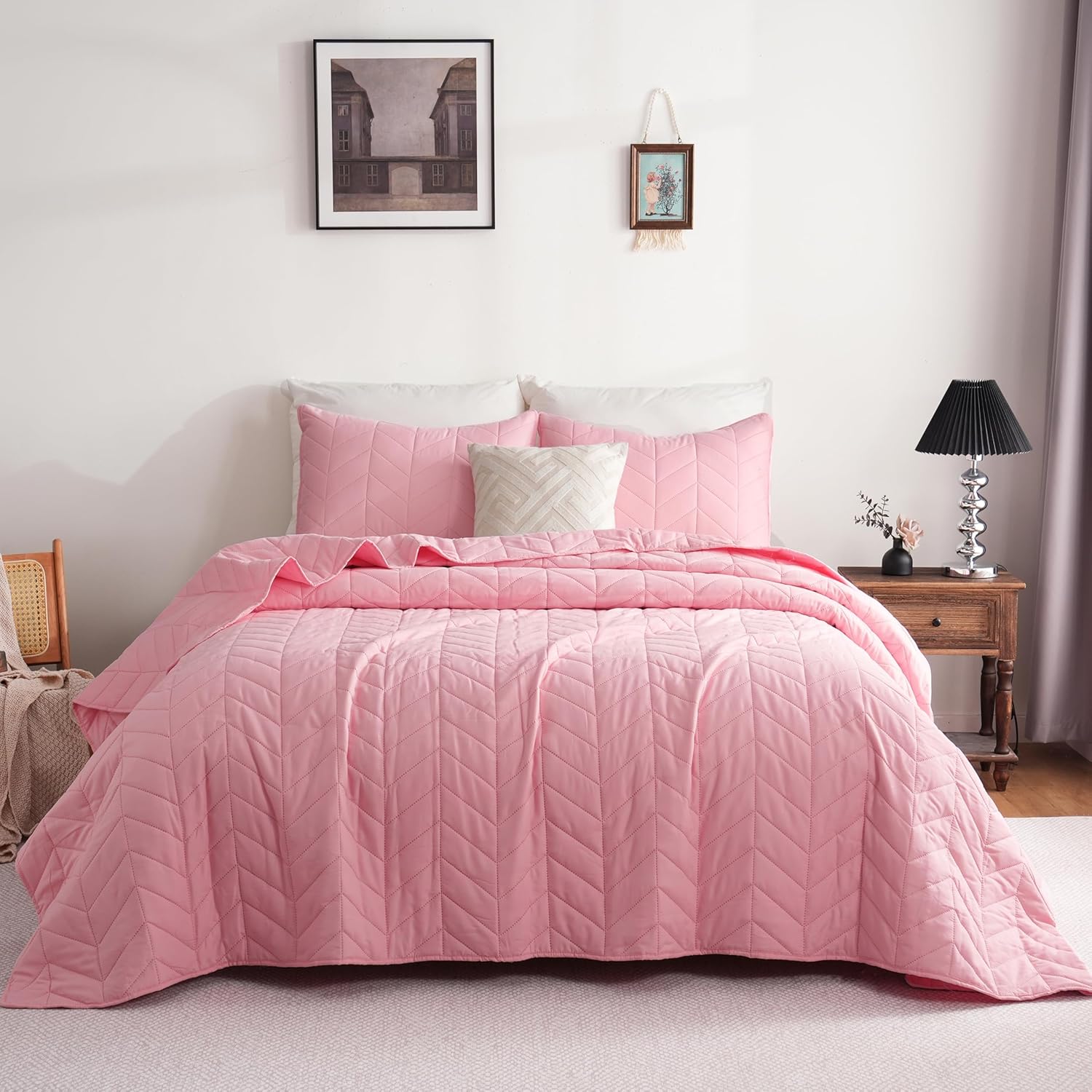 DOWNCOOL Pink Leaf Texture King Quilt Set 3PC