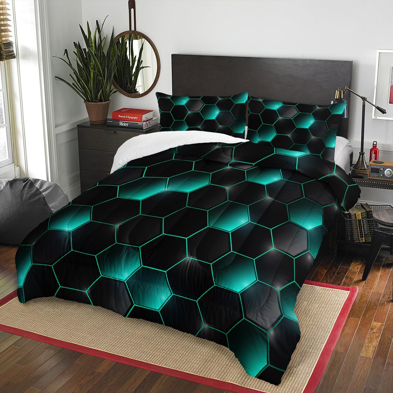 Geometric Black Green Neon Comforter Set 3 Piece