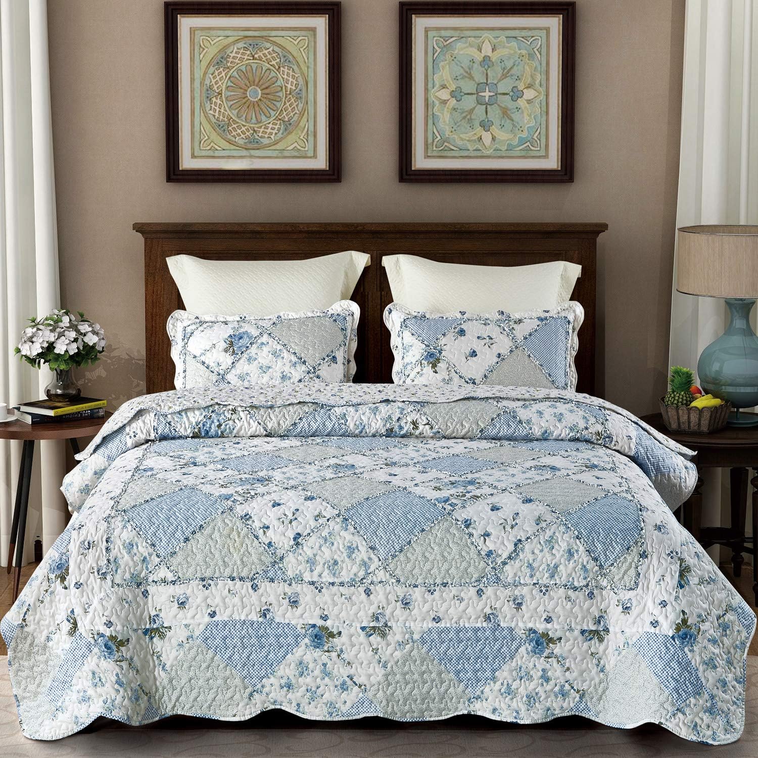 VIVILINEN Blue Floral Patchwork Quilt Set King Size Reversible