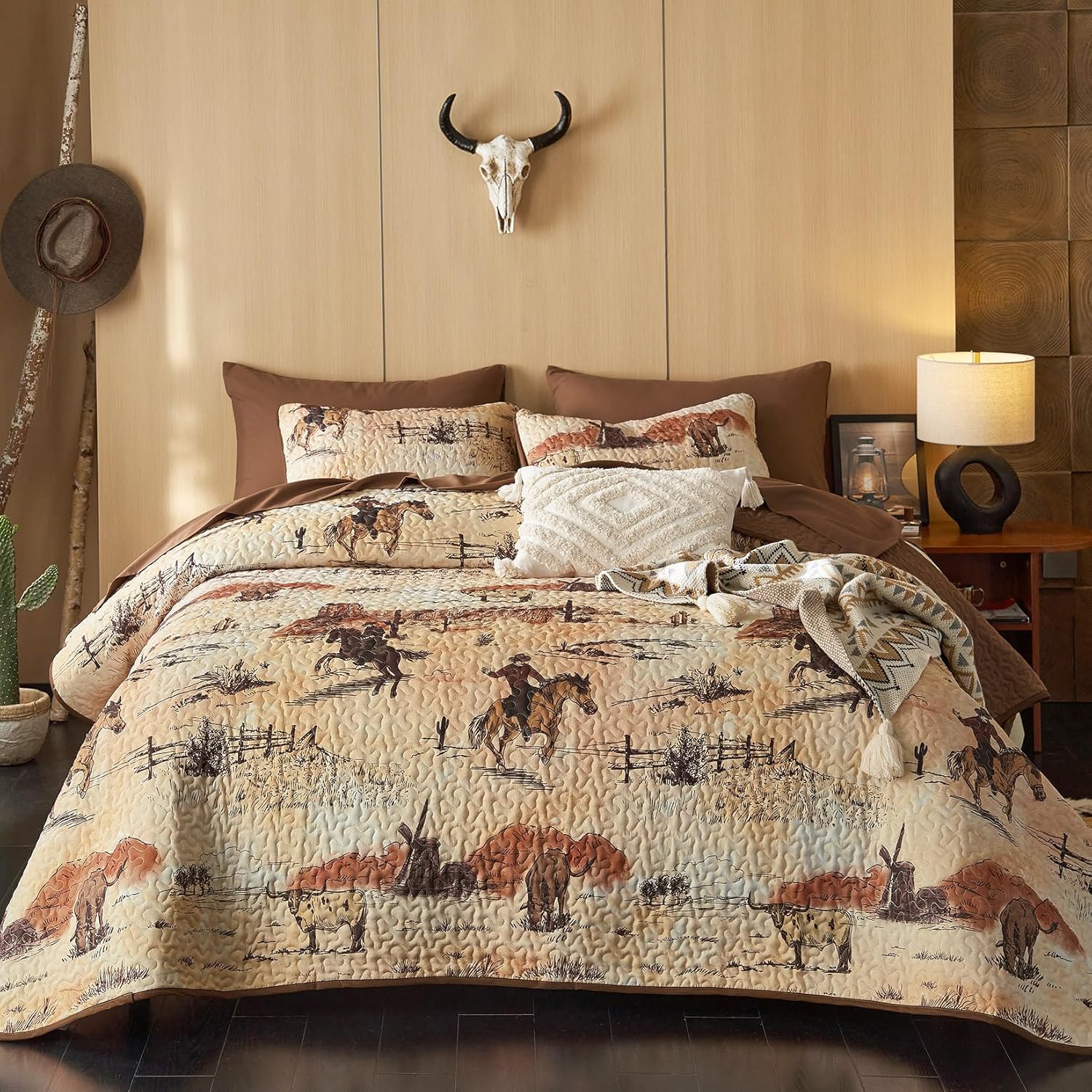 Wake In Cloud Western Quilt Set 3-Piece Ochre Brown QueenFull