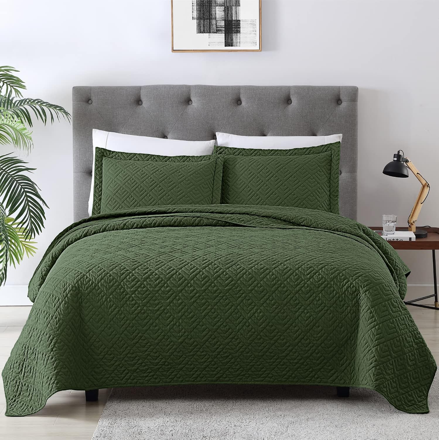 EXQ Home King Size Quilt Set Olive Green 3 Piece