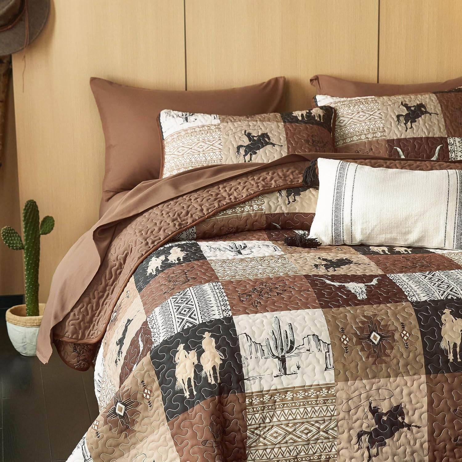 Wake In Cloud Western Quilt Set 3-Piece Tan Brown Twin XL