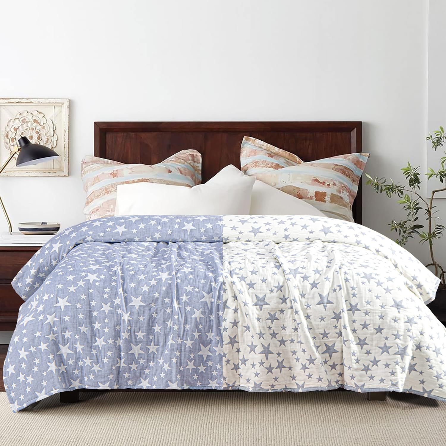 NTBAY 3 Layers Cotton Muslin Twin Bed Blanket with Blue Stars