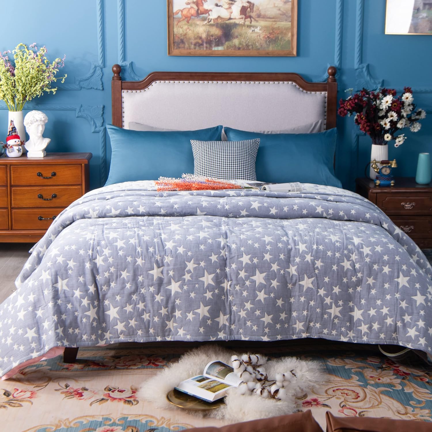 NTBAY 3 Layers Cotton Muslin Twin Bed Blanket with Blue Stars