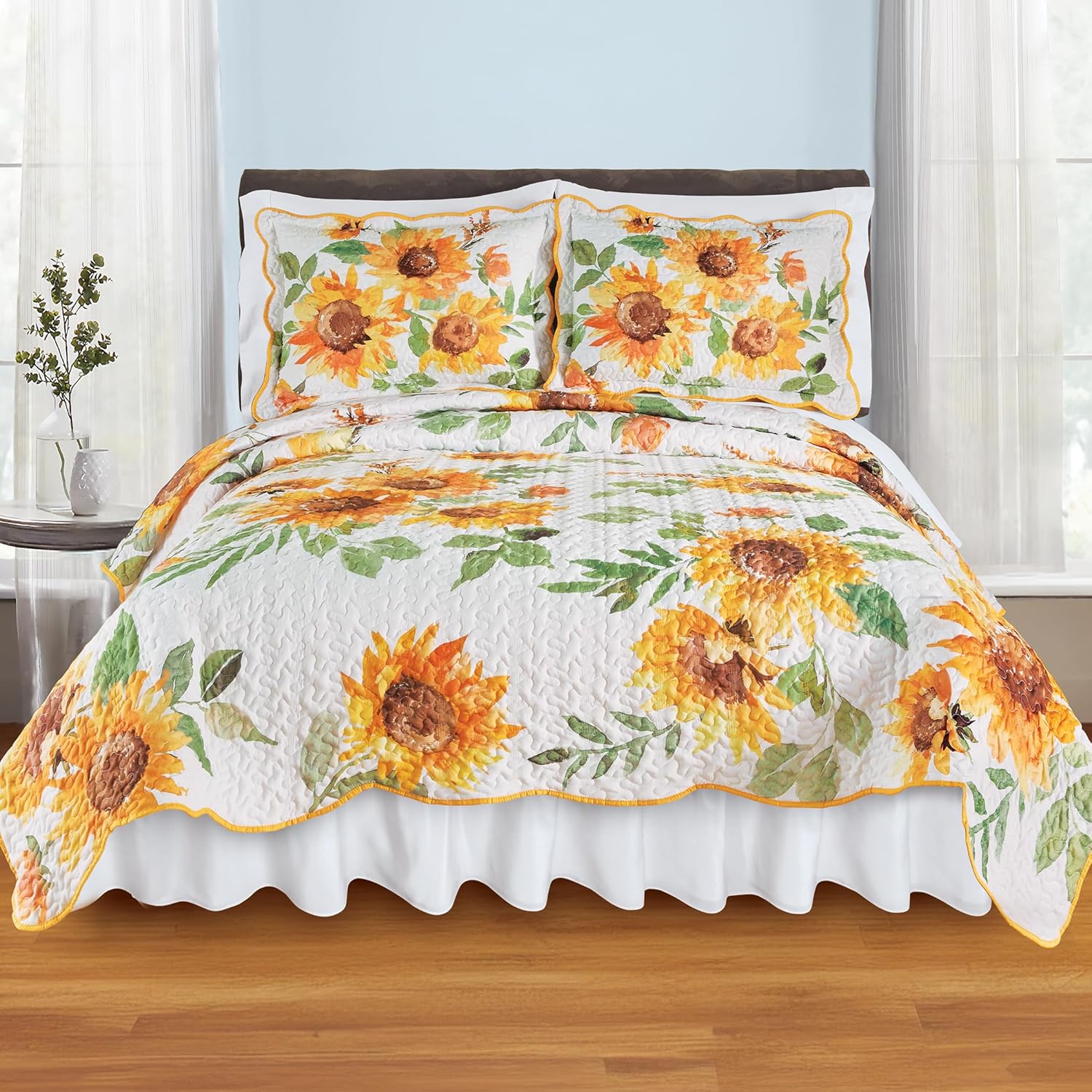 Collections Etc Trailing Sunflower Reversible Scalloped Quilt 1