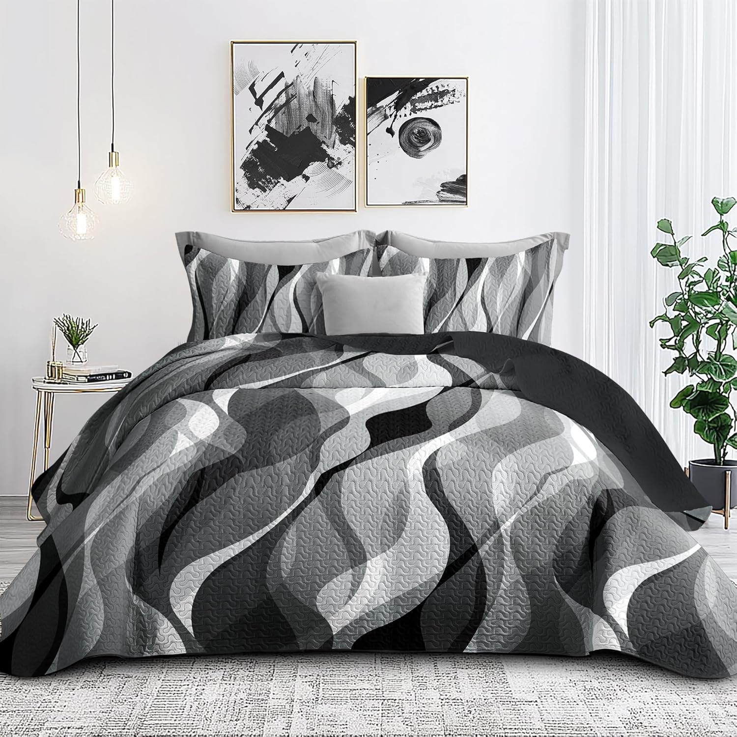 Weesire Modern Grey Black Stripe Quilt Set King Size