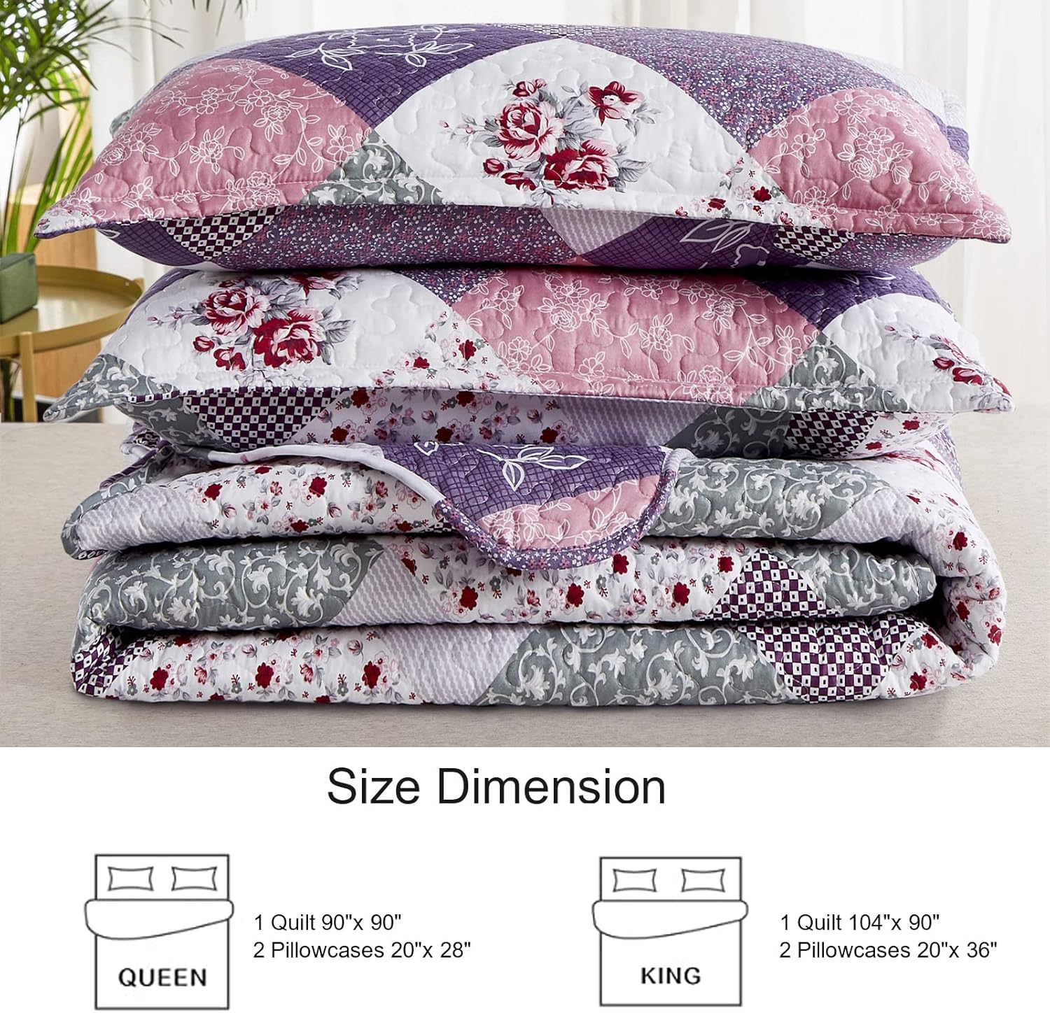 Dinjoy Purple Floral Quilt Set Cal King Size