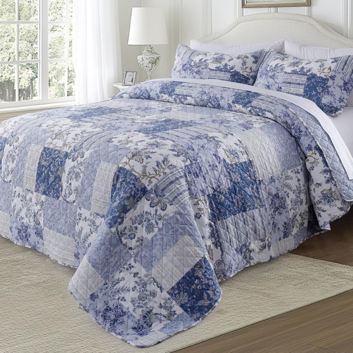 GOONE Blue Floral Quilt Set Queen