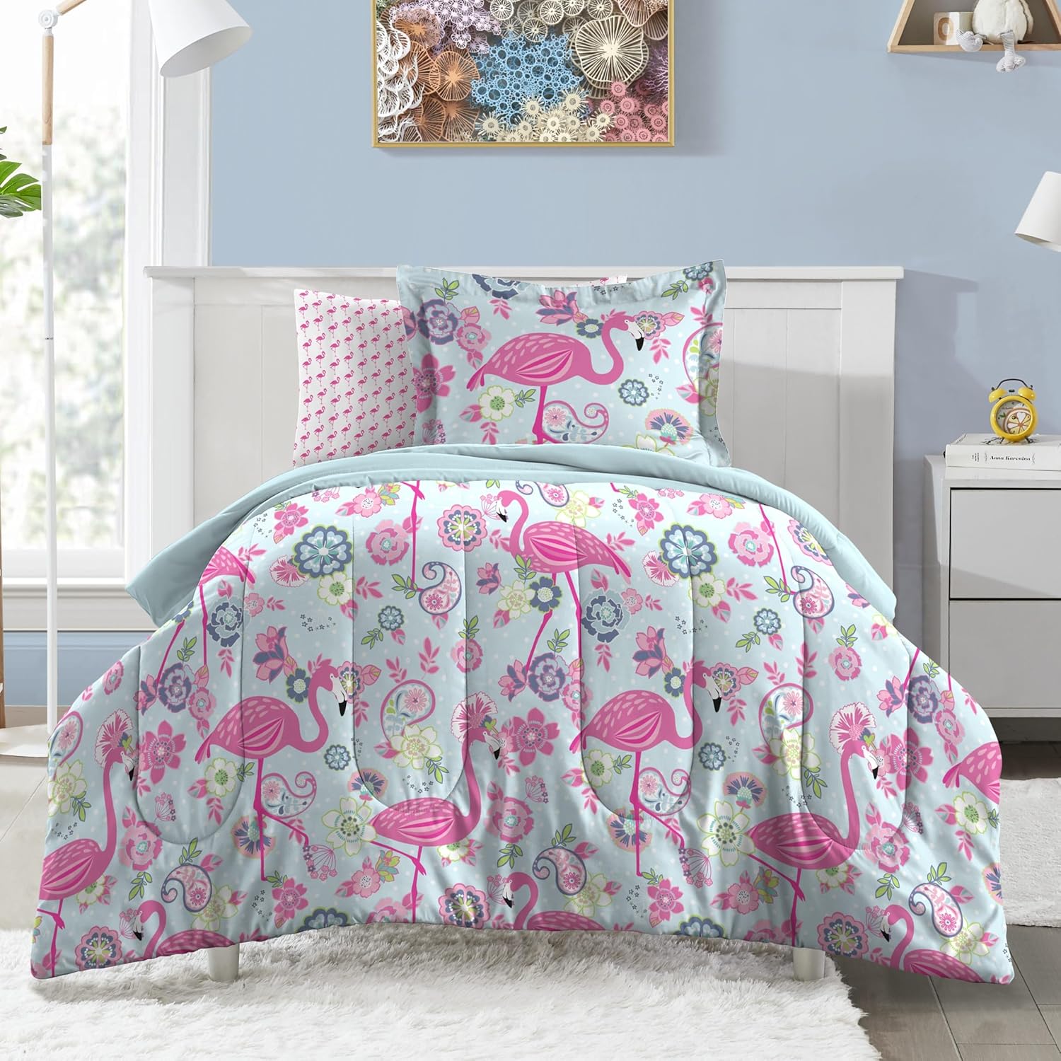 Dream FACTORY Kids 5-Piece Comforter Bedding Set Twin Pink Flamingo