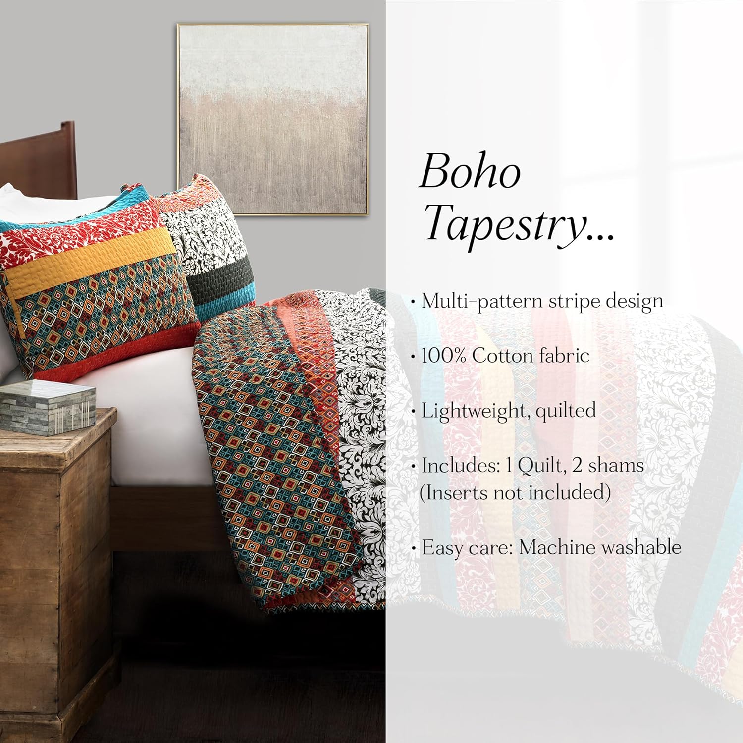 Boho Stripe Reversible Cotton Quilt Set King Turquoise Tangerine