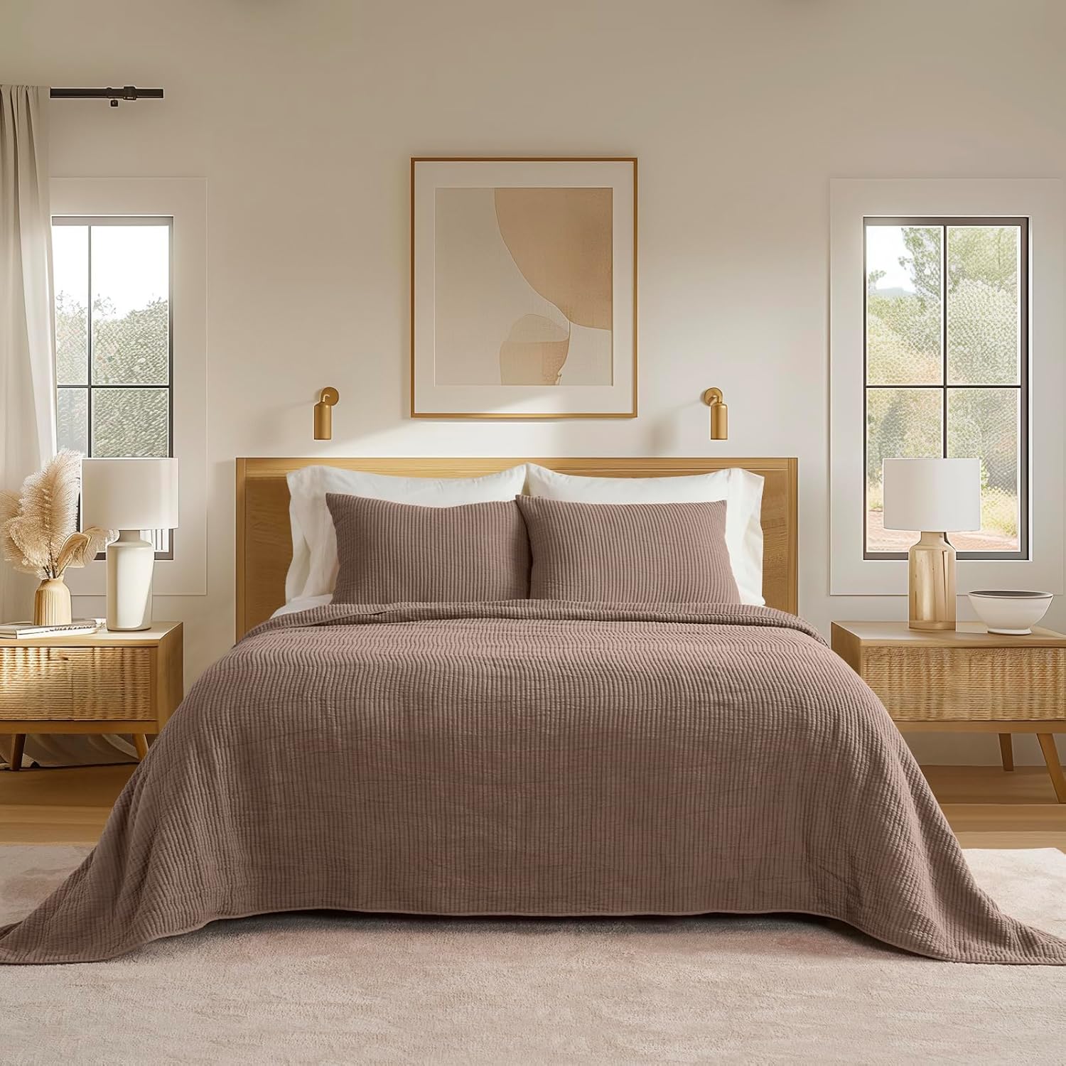 EVERGRACEHOME Cotton Coverlet Set Full Queen 3 Piece Mocha Brown