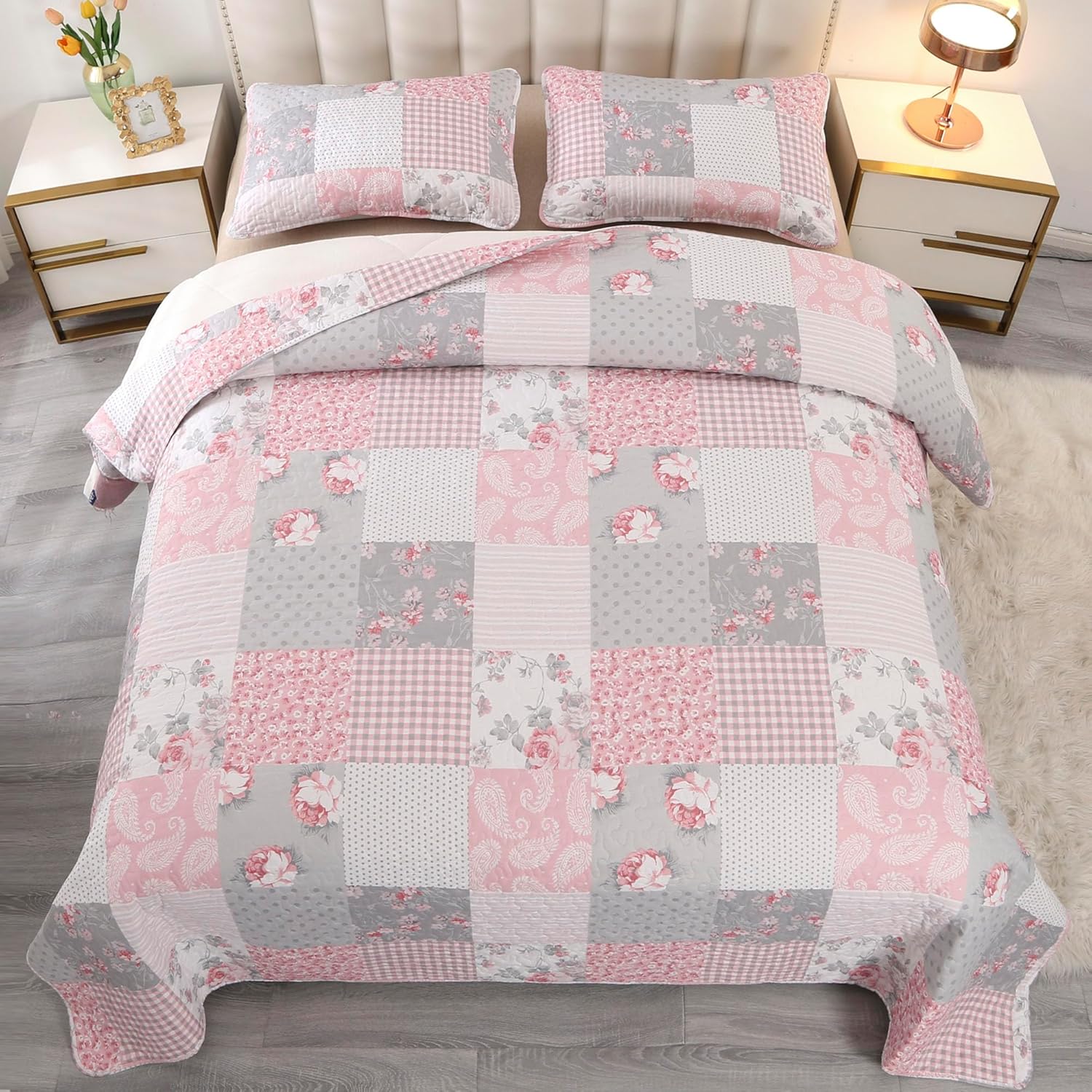 VIVILINEN Pink Full Queen Quilt Set Reversible