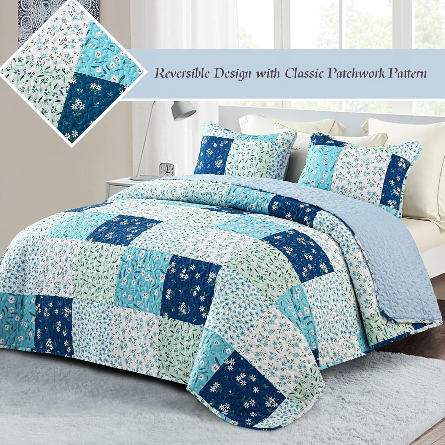 Whale Flotilla Reversible Quilt Set Queen Size Blue
