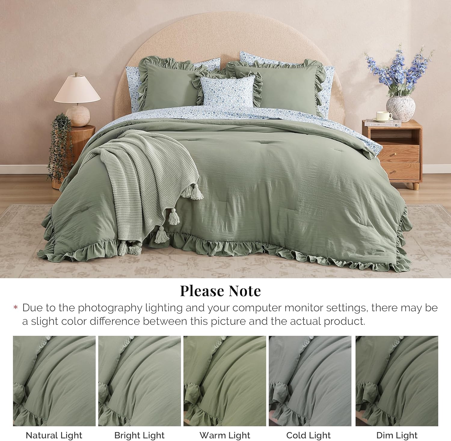 BLOOMHAVEN Queen Comforter Set 7-Piece Ruffle Sage Green