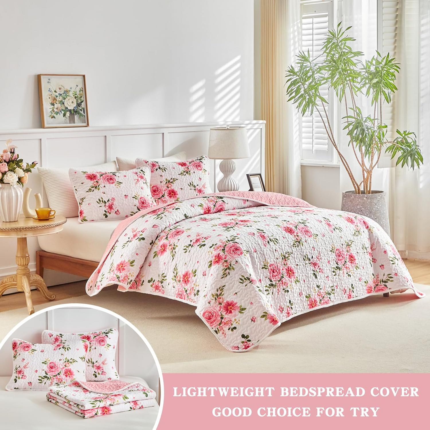 UOZZI BEDDING 3 Piece Reversible Flower Bedspread Set