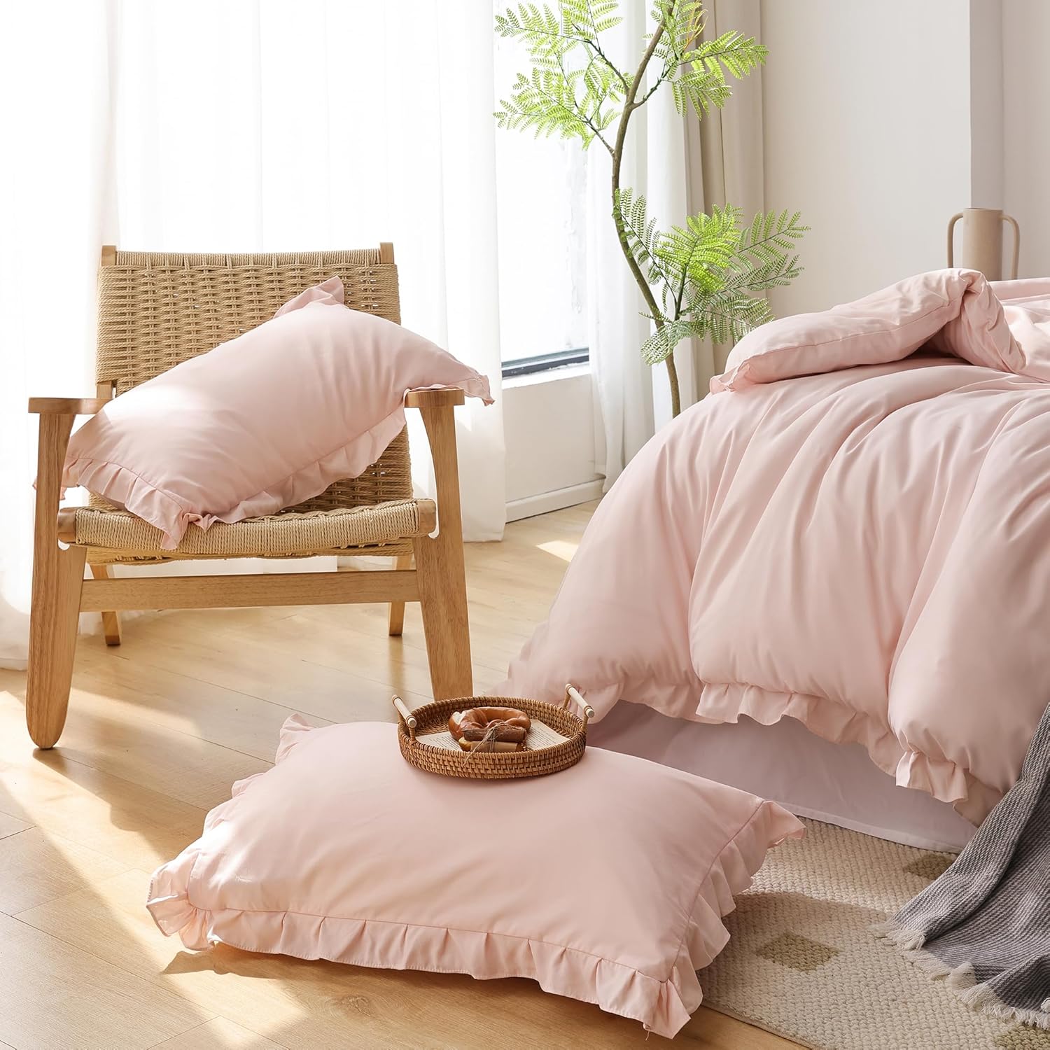 JANZAA Ruffled Comforter Set 3PCS Pink Blush Full Size