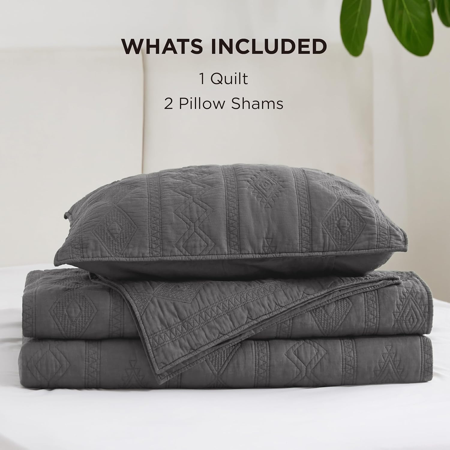 Bedsure Cotton Quilt Bedding Set - Grey 3-Piece with Pillow Shams