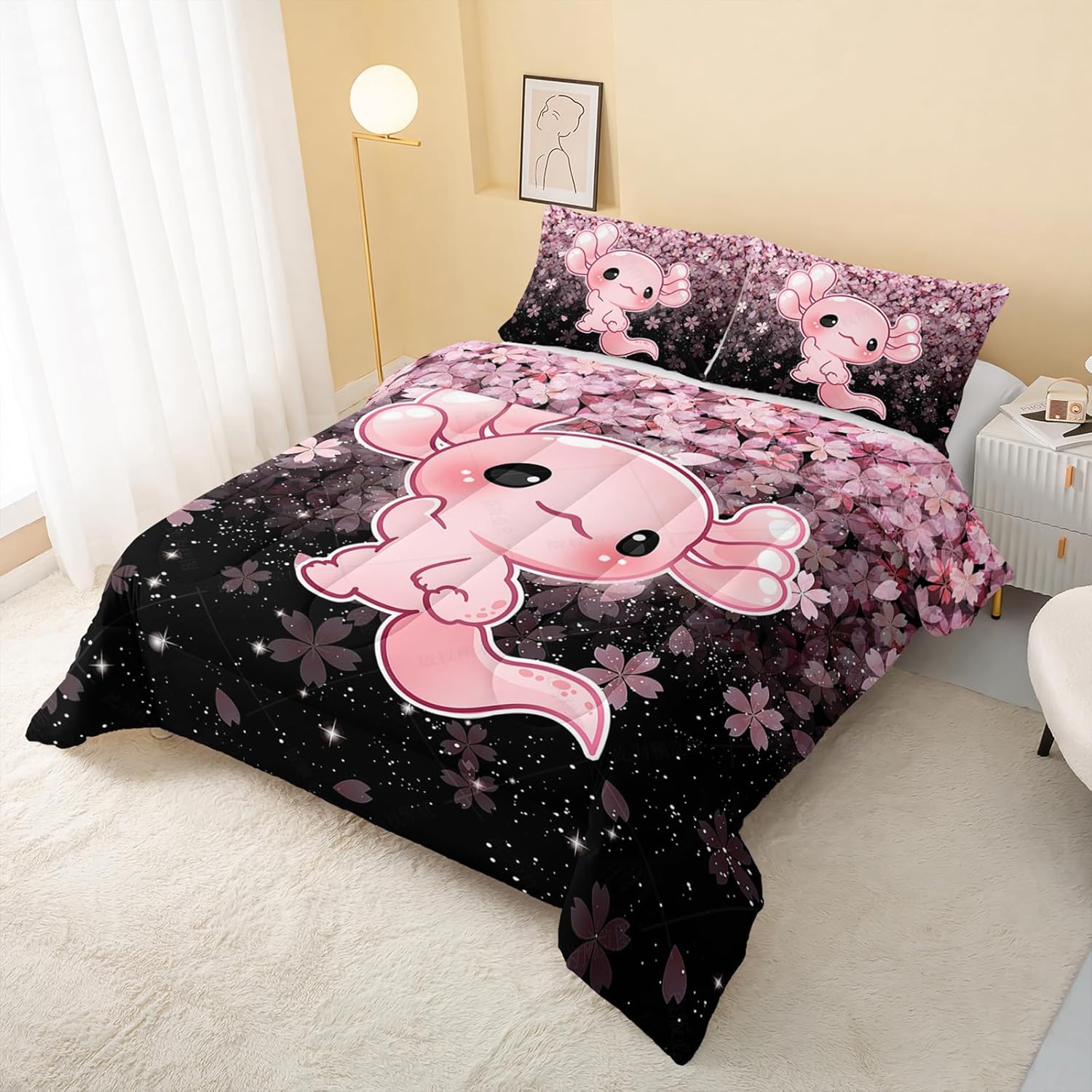 QOOMO Kawaii Axolotl Comforter Set Twin Size Pink Cherry Blossom