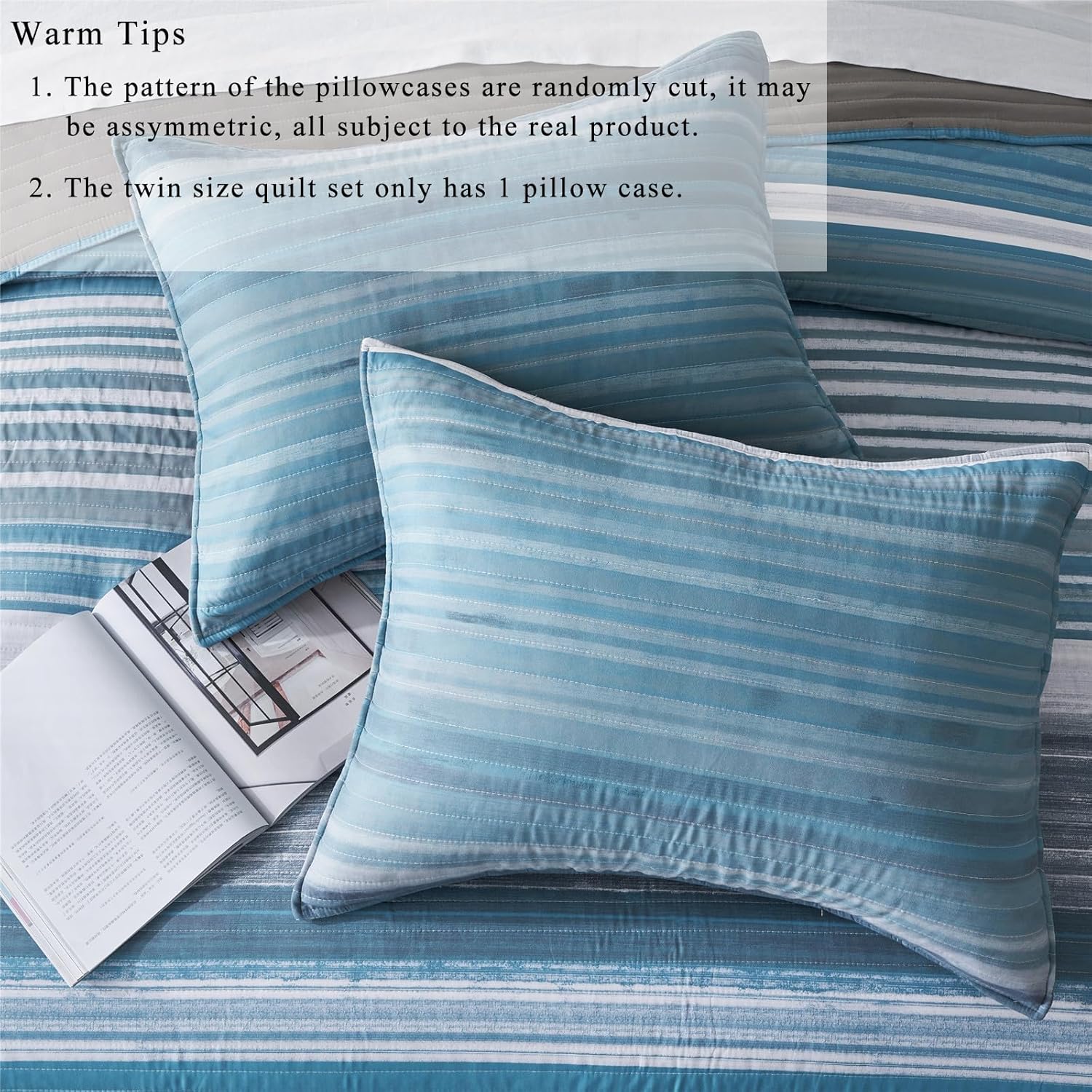 KAKIJUMN KingCal King Quilt Bedding Set White Grey Blue Striped Design