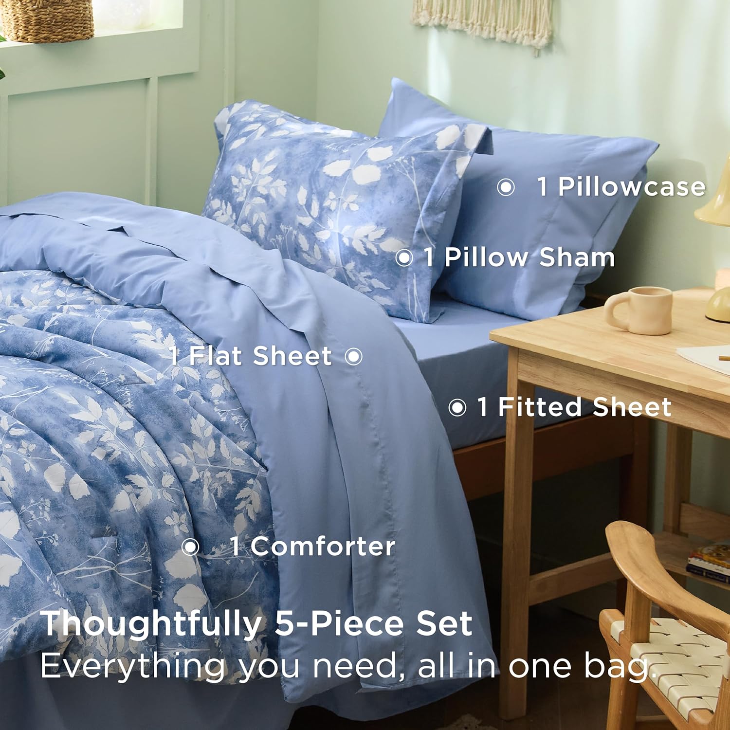 Bedsure Blue Twin XL Comforter Set 5 Piece Floral Bedding