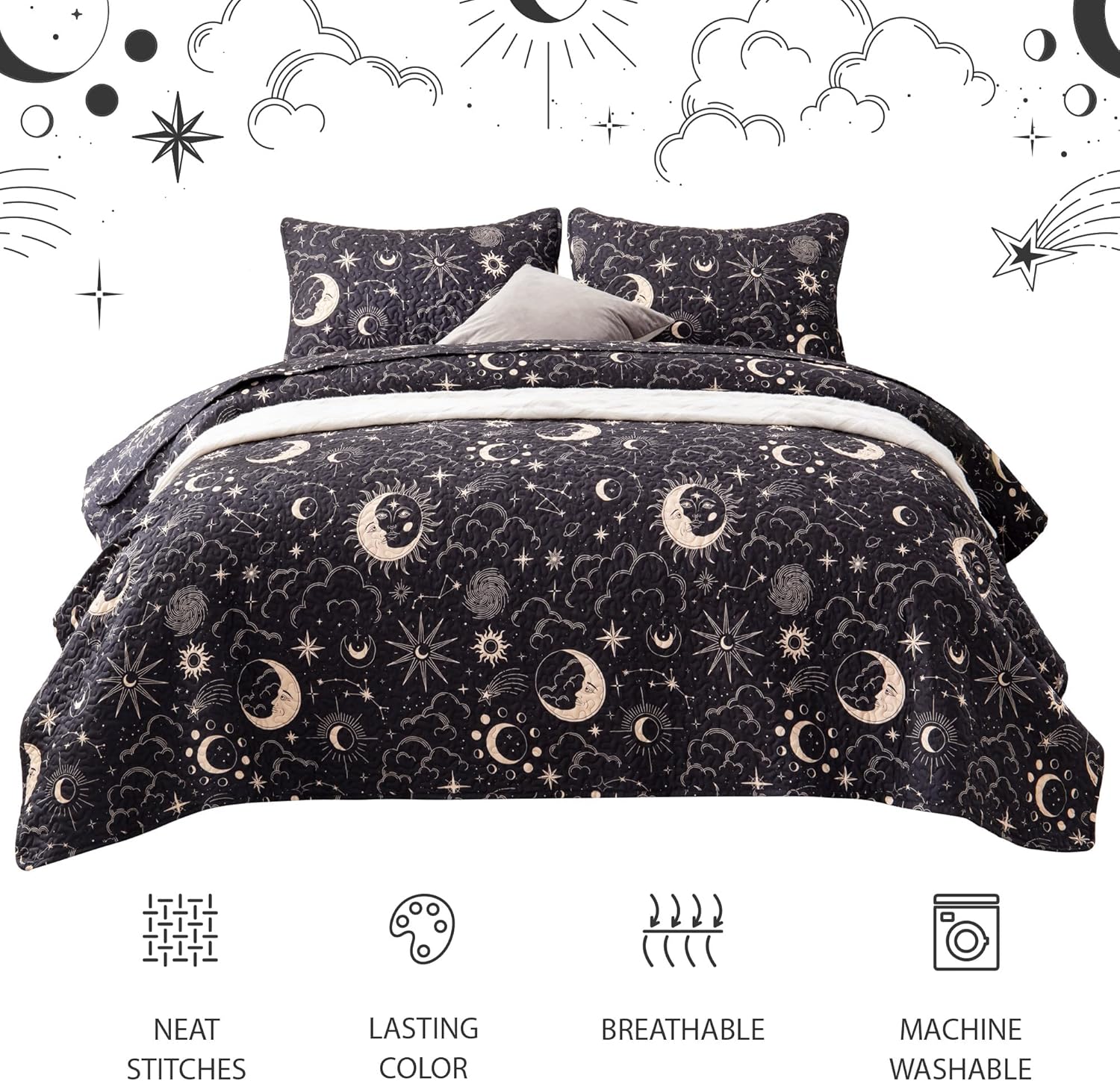 EXQ Home Quilt Set Full Queen Black Starry Pattern 3 Piece