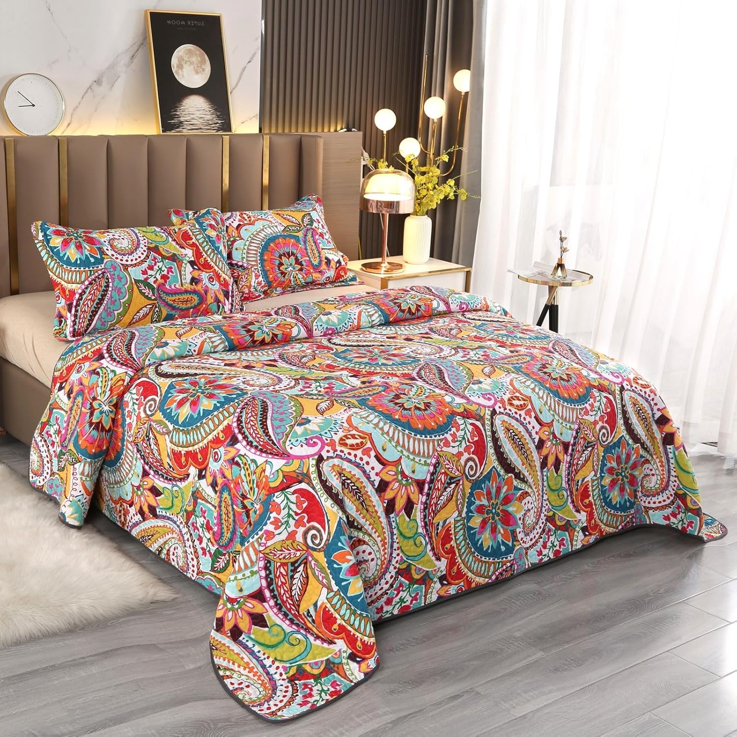 Qucover Boho Paisley Cal King Quilt Set with Pillow Shams