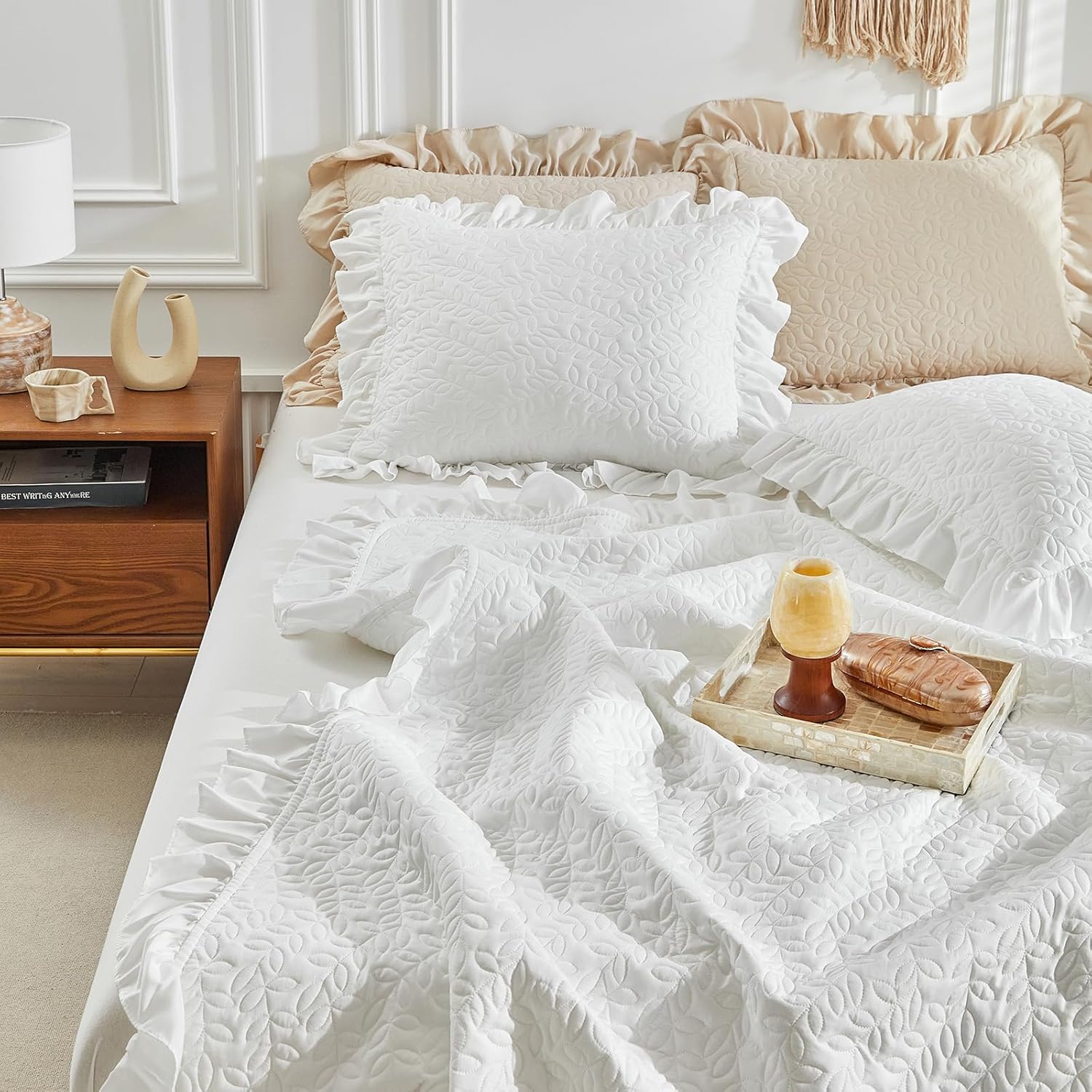 UOZZI BEDDING Ruffled Quilt Set California King Size 3PC