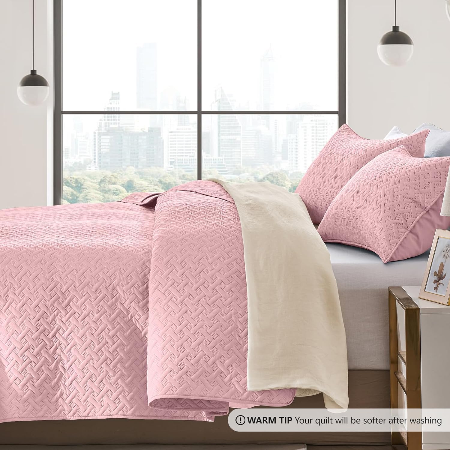 FLYMME Queen Quilt Bedding Set Pink Lightweight 1