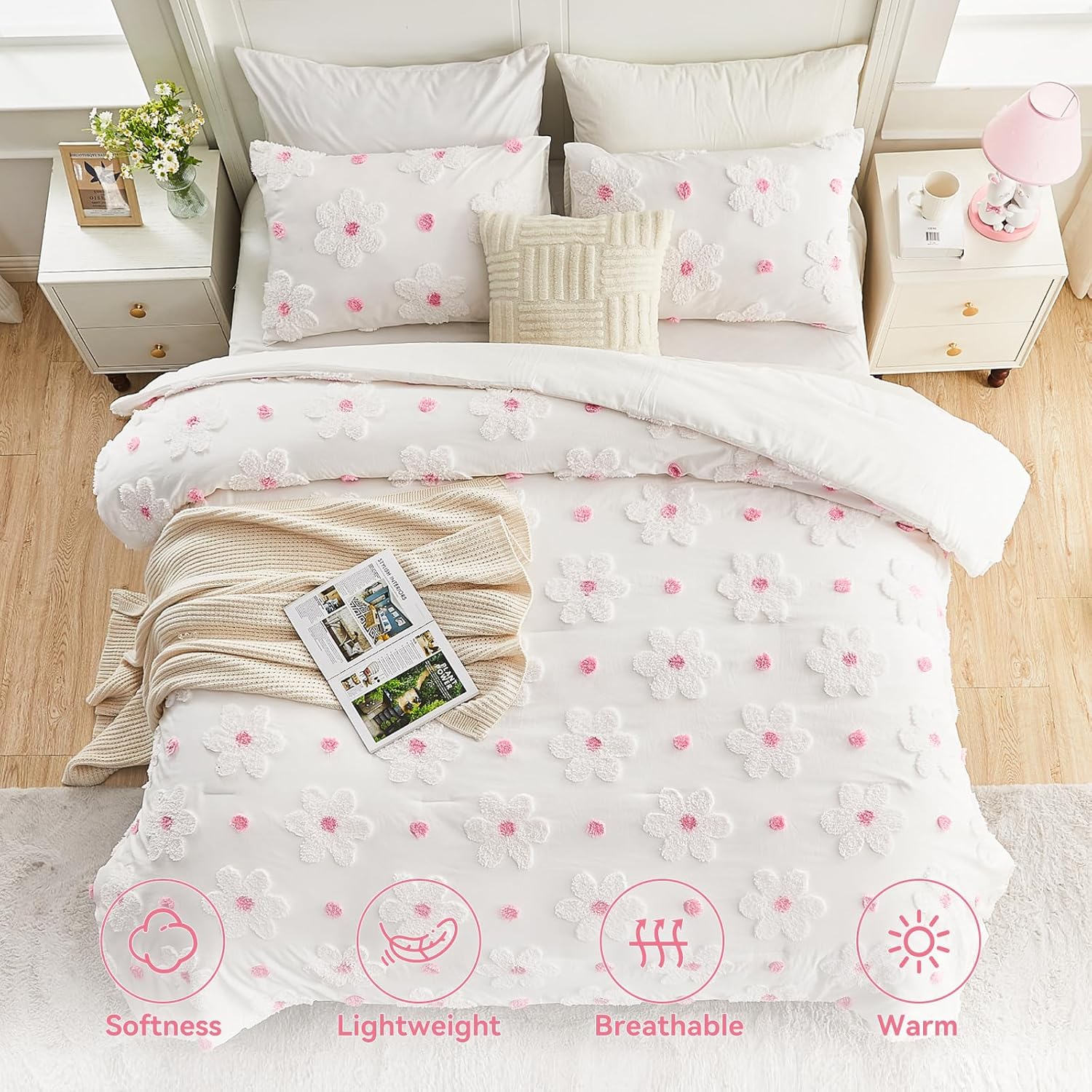 VIVILINEN Pink Floral Comforter Set for Girls 3-Piece